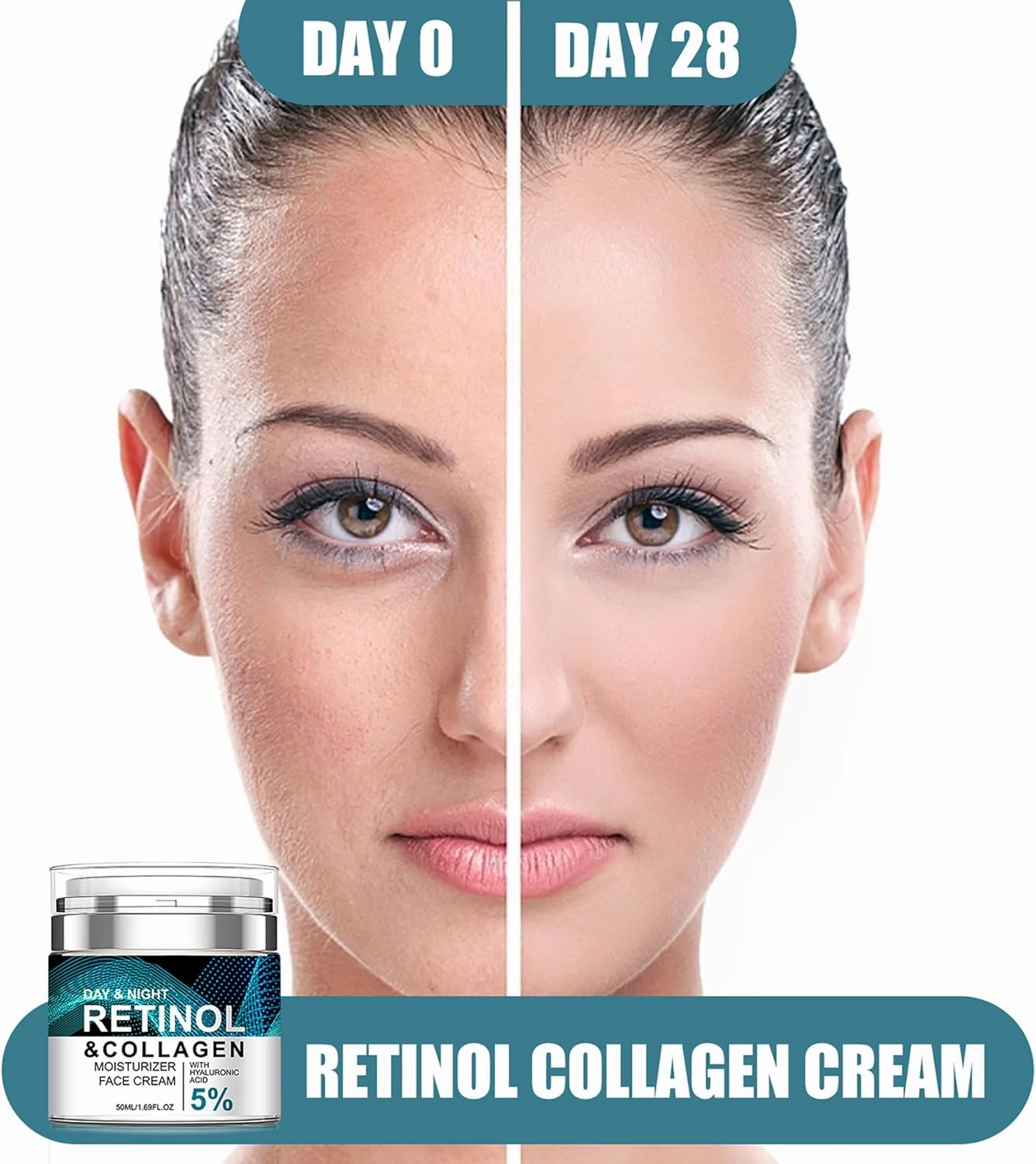 Retinol Cream Anti-Aging for Face with Collagen & 5% Hyaluronic Acid 2pcs - Reduces Wrinkles & Dark Circles,Lifts & Firms Skin,Day and Night Moisturizer for All Skin Types (50ml)