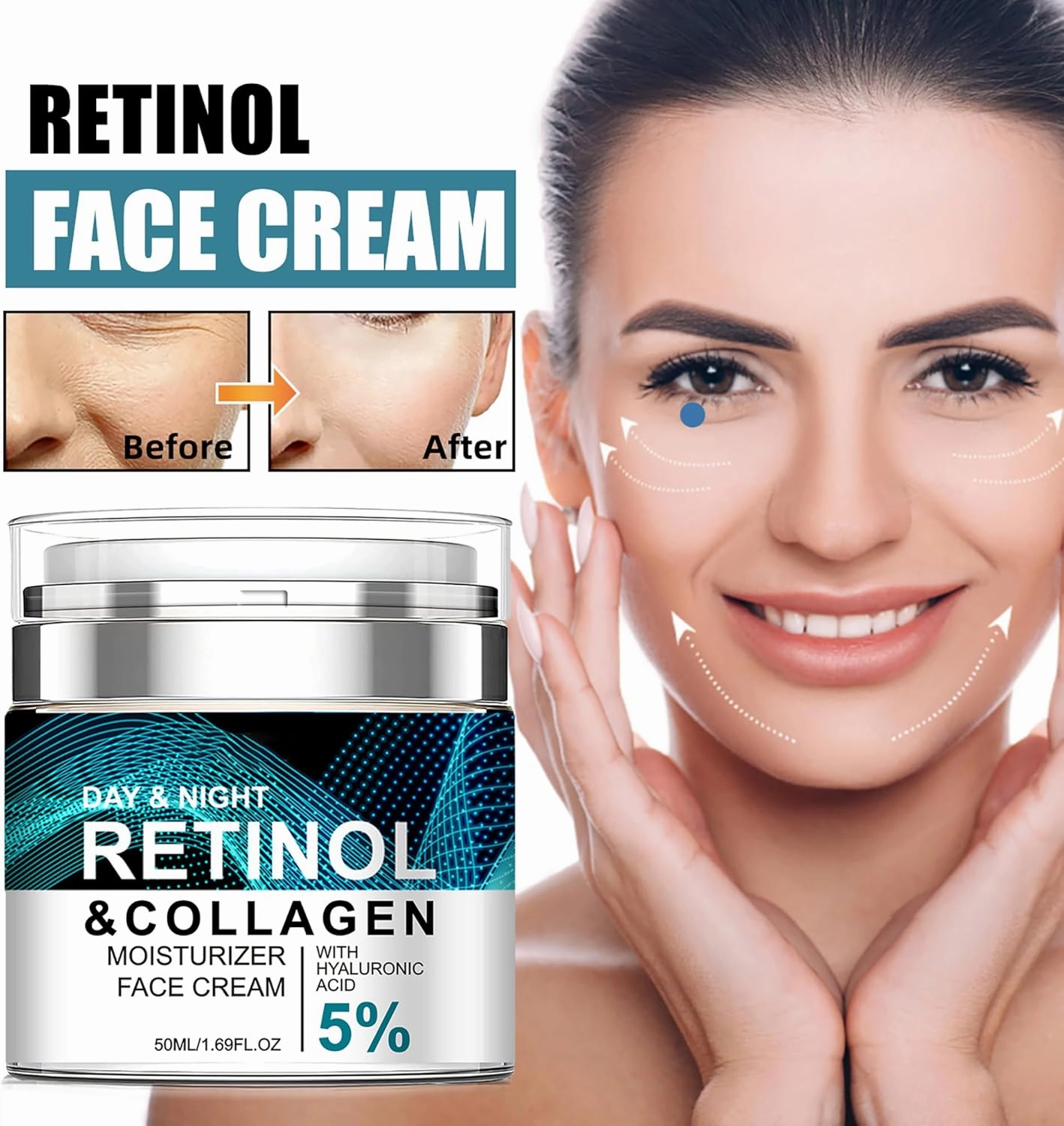 Retinol Cream Anti-Aging for Face with Collagen & 5% Hyaluronic Acid 2pcs - Reduces Wrinkles & Dark Circles,Lifts & Firms Skin,Day and Night Moisturizer for All Skin Types (50ml)