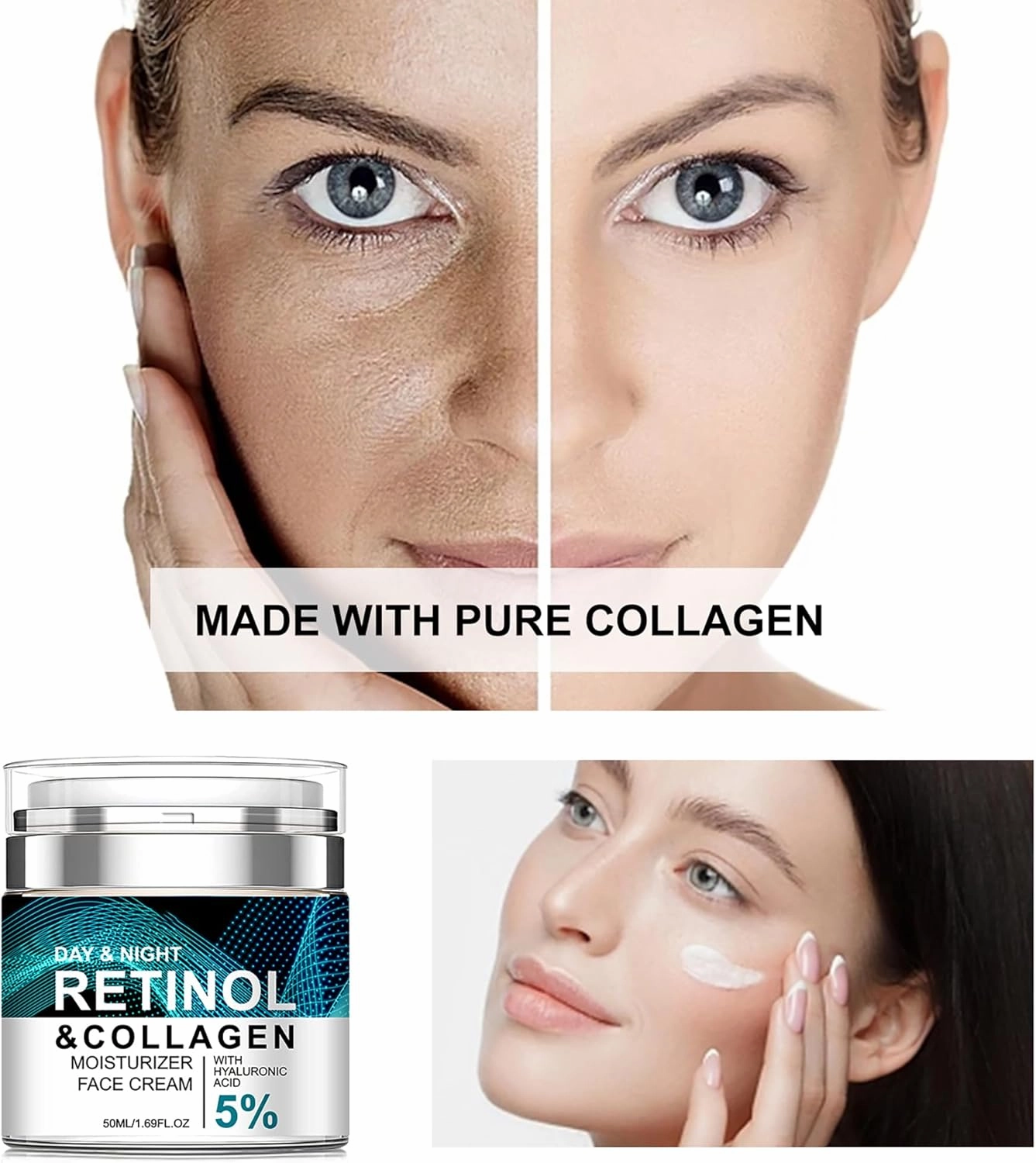 Retinol Cream Anti-Aging for Face with Collagen & 5% Hyaluronic Acid 2pcs - Reduces Wrinkles & Dark Circles,Lifts & Firms Skin,Day and Night Moisturizer for All Skin Types (50ml)