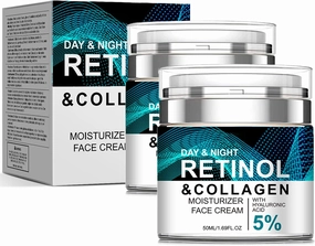 Retinol Cream Anti-Aging for Face with Collagen & 5% Hyaluronic Acid 2pcs - Reduces Wrinkles & Dark Circles,Lifts & Firms Skin,Day and Night Moisturizer for All Skin Types (50ml)