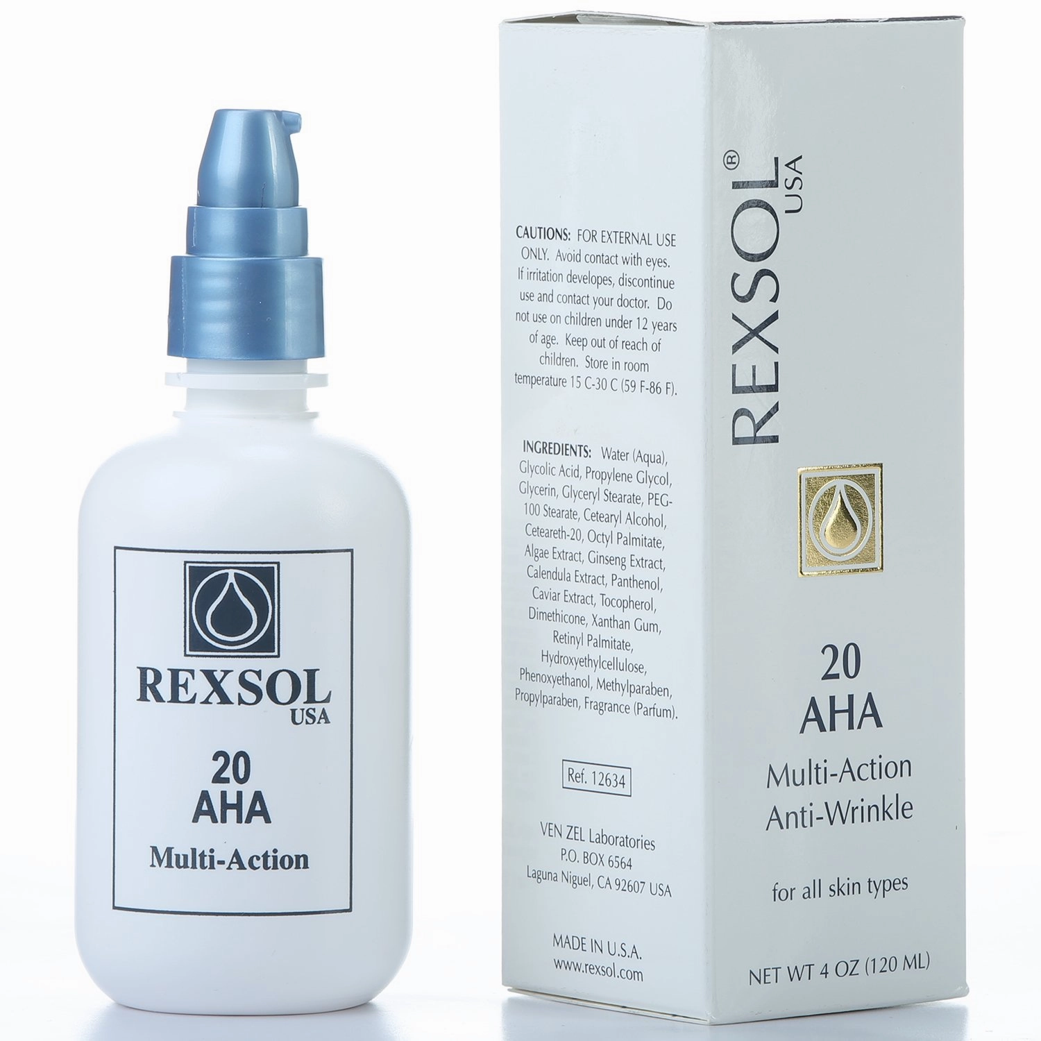 REXSOL 20 AHA Multi-action Anti-Wrinkle Cream | With Vitamin E, Algae Extract, Ginseng Extract, Calendula Extract, Caviar Extract | Diminishes appearance of fine lines & wrinkles. (120 ml / 4 fl oz)