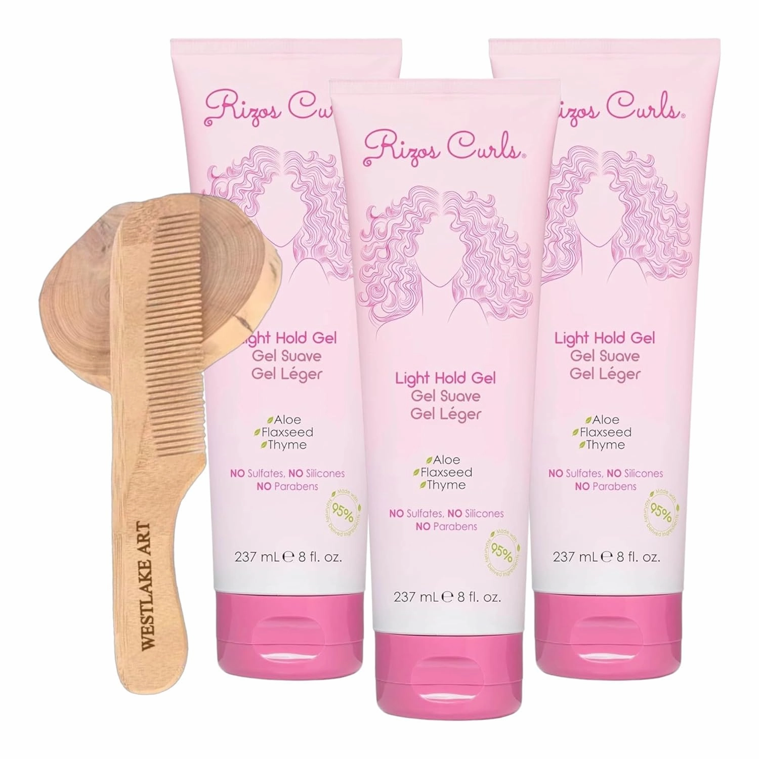 Rizos Curls Light Hold Hair Gel, 8 Oz, Bundled With Wooden Comb - Hair Gel For Curls, Voluminous Curls, Hair Frizz Gel Control, With Aloe Vera & Flaxseed, Combats Humidity (Pack of 3)