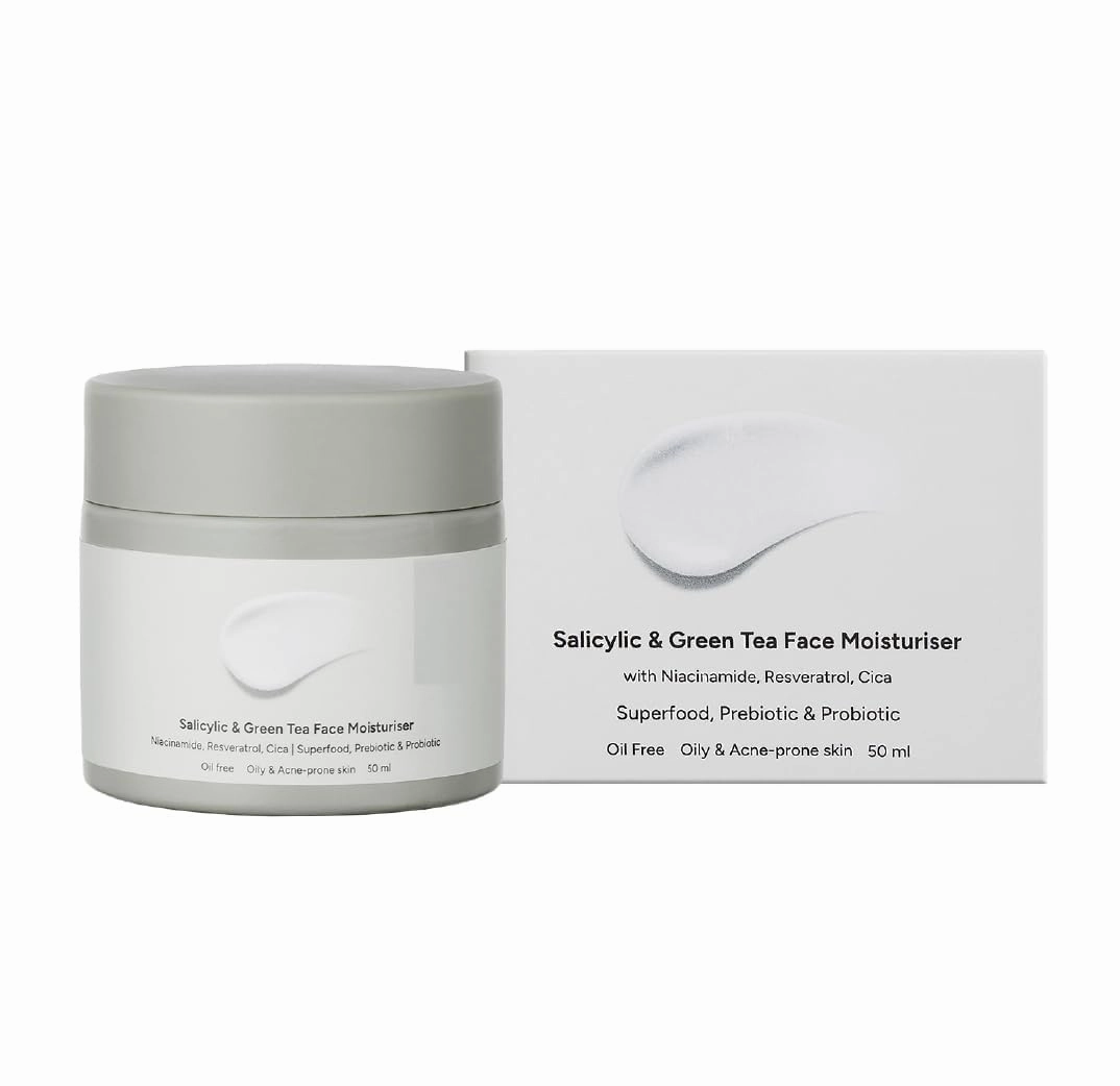 RJ Salicylic Acid & Green Tea Face Moisturiser For Acne, Blackheads & Open Pores | Oil free, Lightweight Moisturizer, Exfoliates, Brightens skin |For Women & Men, 50ml