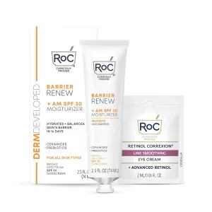 RoC Barrier Renew Day Cream with SPF 30, Moisturizer with Ceramides & Prebiotics to Protect Skin Barrier, (2.5 oz) with Retinol Eye Cream Packette