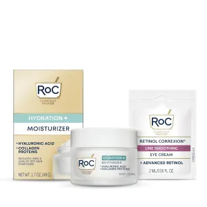 RoC Hydration  Hyaluronic Acid Moisturizer Face Cream, Hydrating, Smoothing, Fragrance Free Formula with Collagen Proteins (1.7 Ounces) with Retinol Eye Cream Packette