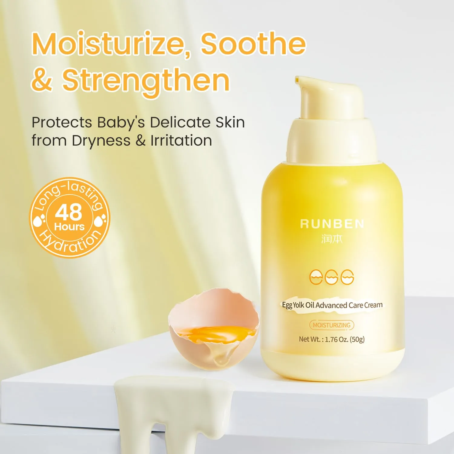 RUNBEN Baby Moisturizing Cream with Egg Yolk Oil, Gentle Non-Greasy Kids Face & Body Moisturizer, Dry Skin Care for Baby, 1.76 oz
