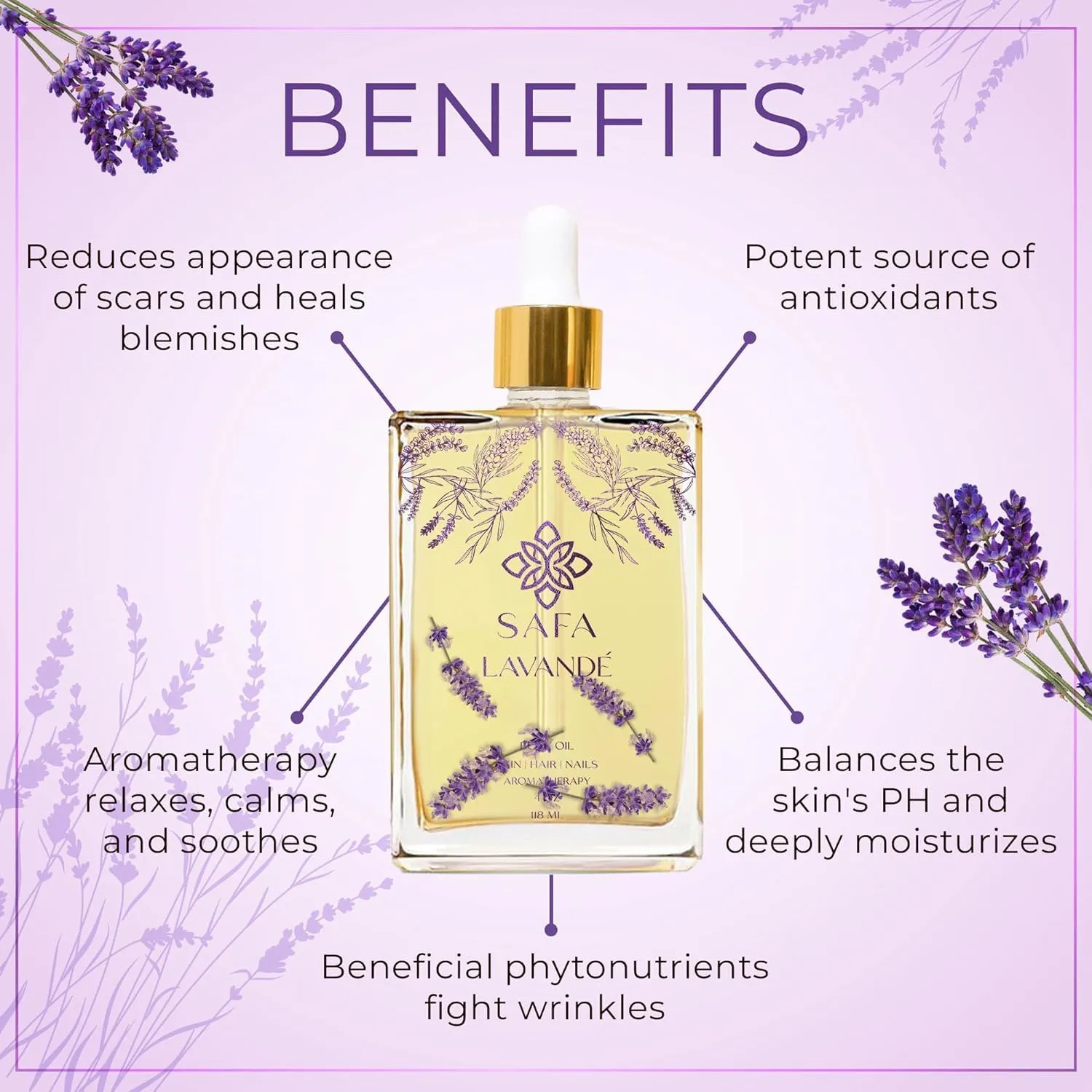 SAFA Lavandé Oil for Face, Body, Hair & Nails - English & French Lavender Essential Oil for Cuticles | Skin Moisturizer | After Shower Scented Body Oil for Long Lasting Fragrance | 4 Fl Oz