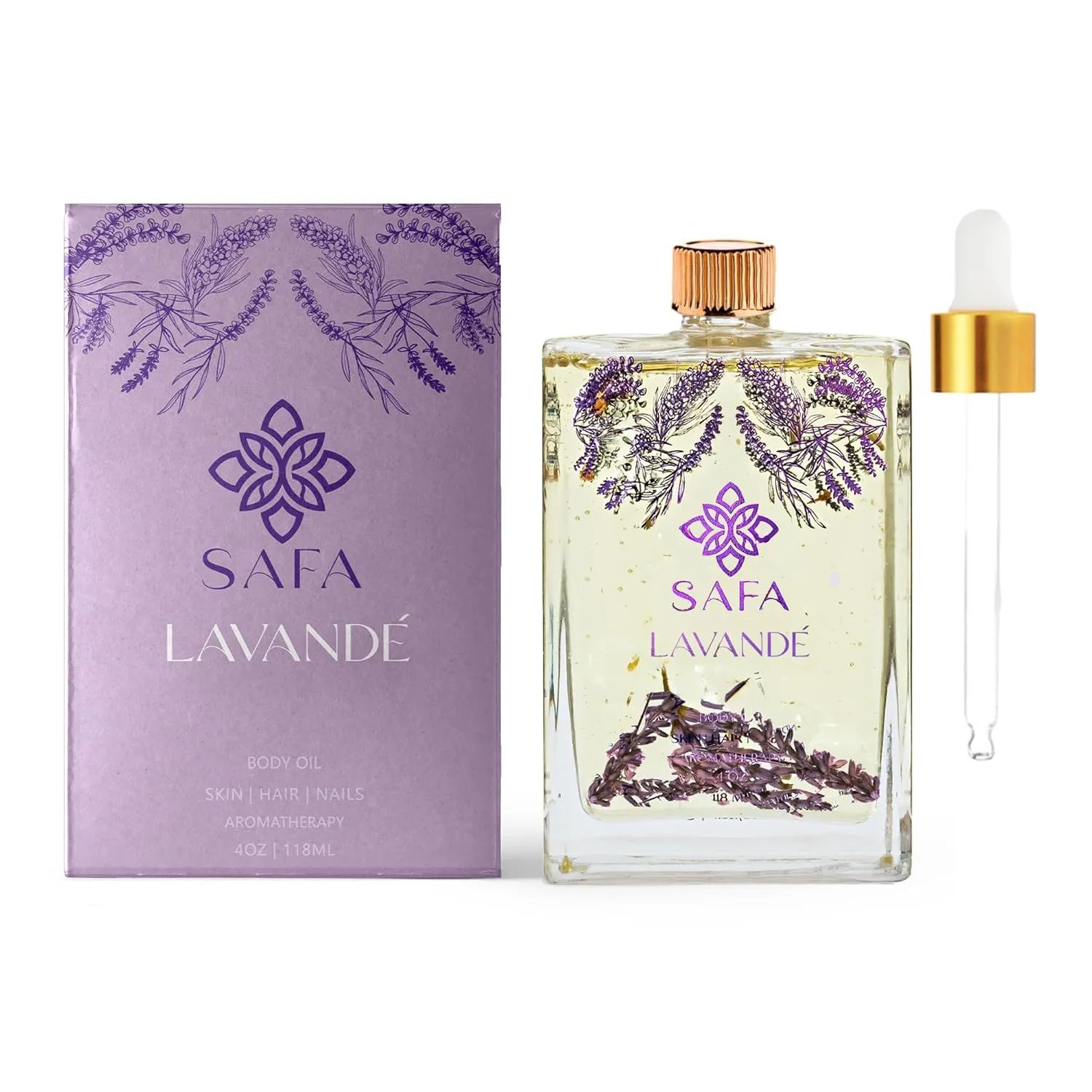 SAFA Lavandé Oil for Face, Body, Hair & Nails - English & French Lavender Essential Oil for Cuticles | Skin Moisturizer | After Shower Scented Body Oil for Long Lasting Fragrance | 4 Fl Oz
