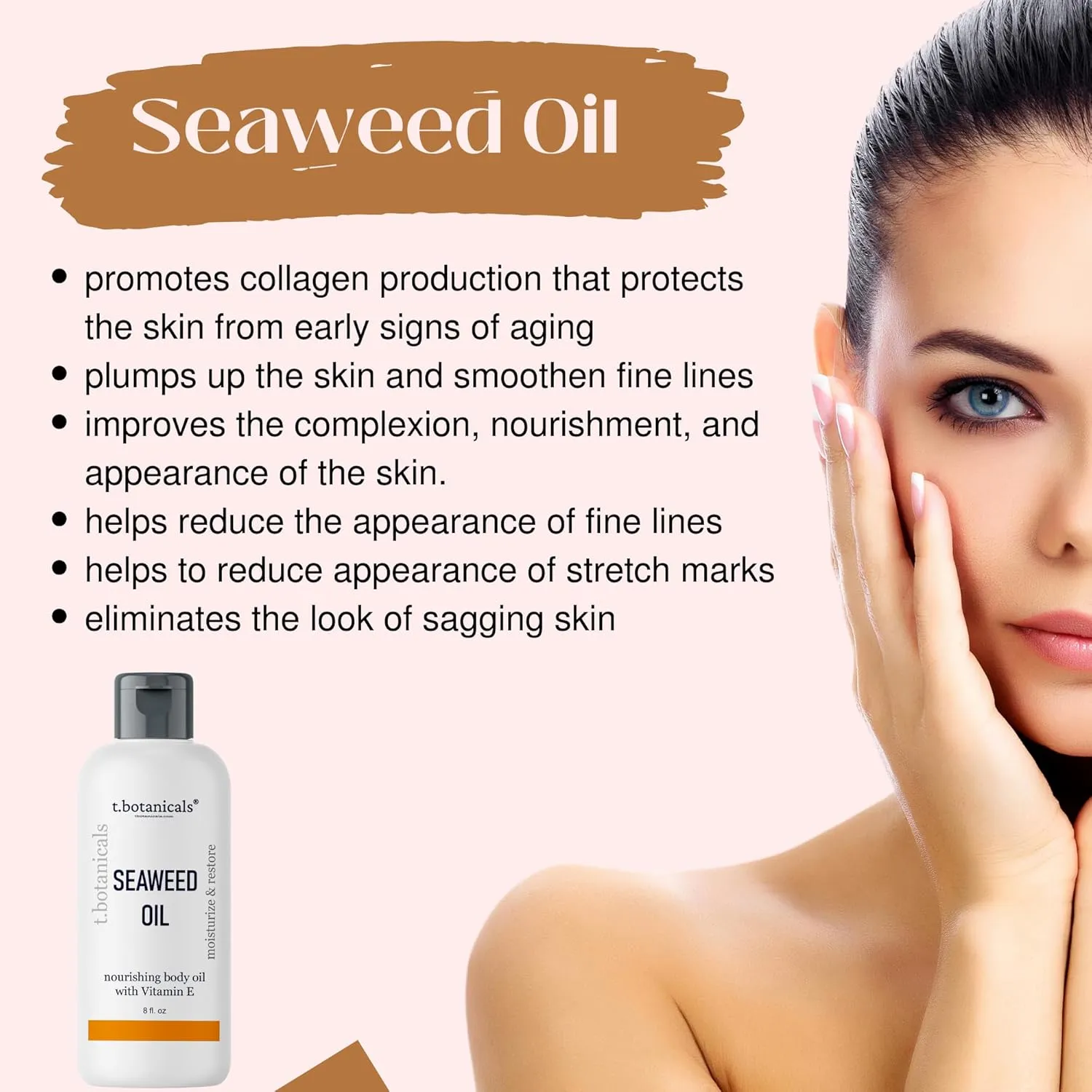 Seaweed Body Oil 8 oz. Nourishing Sea Moss Oil Fast Absorbing Firming Anti-Aging Non-Greasy Oil Day and Night Massage Kelp Moisturizer for Dry Dull, Sagging Skin, Face, Hair, Foot, Hands (Lavender)