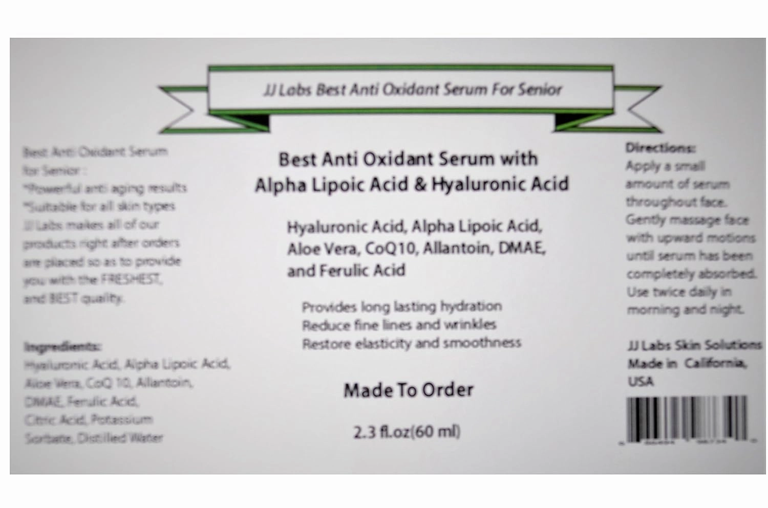 Senior Best Anti Oxidant Serum with ALA & Hyaluronic Acid for Active Senior (2.3oz, Dropper Dispenser)
