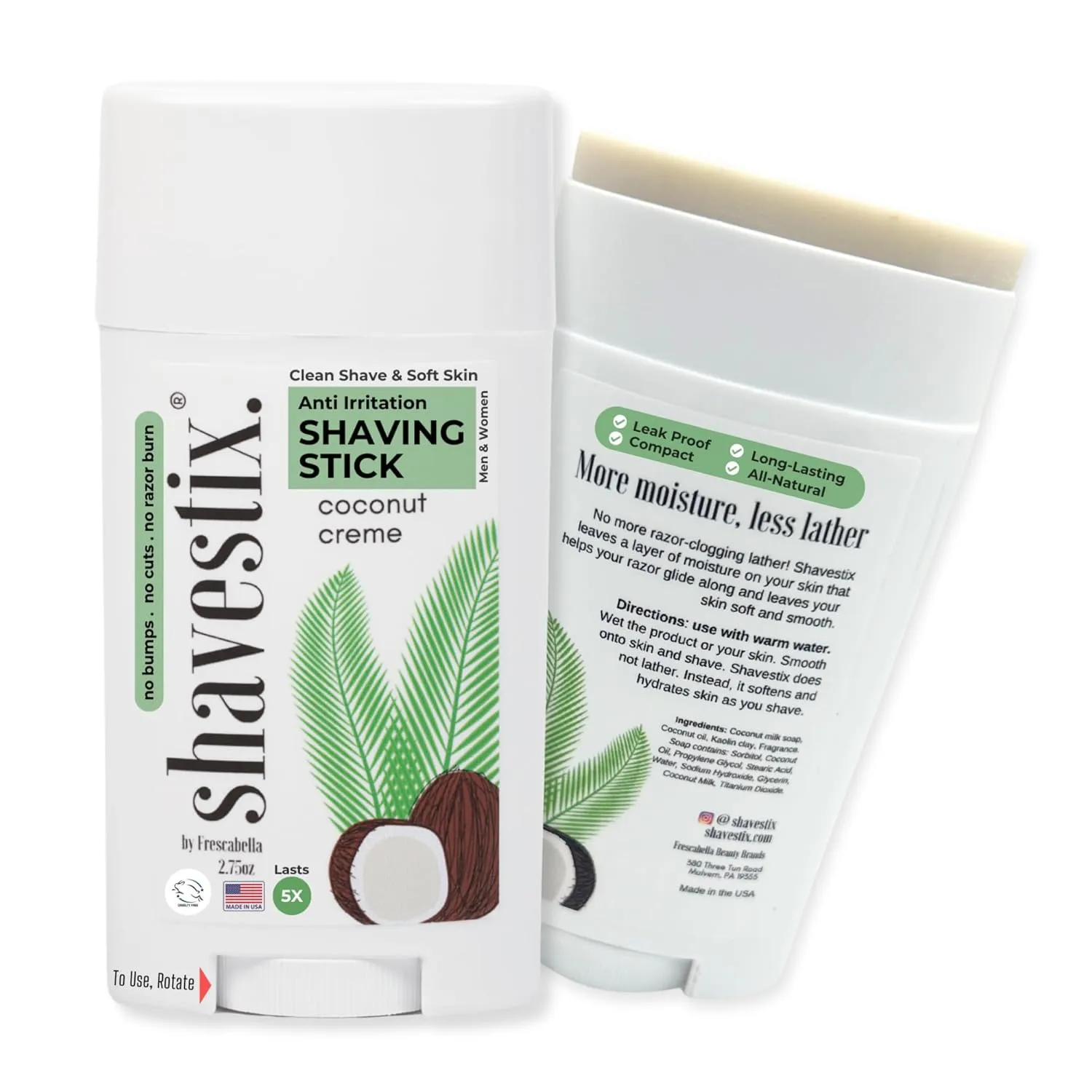 Shavestix Shaving Cream Stick 2.75 Oz - Travel Size Toiletries for Women | Coconut Milk Based Razors, Shavers Friendly Hair Removal Cream Shave Bar | Sub Shaving Gel, Soap, Foam