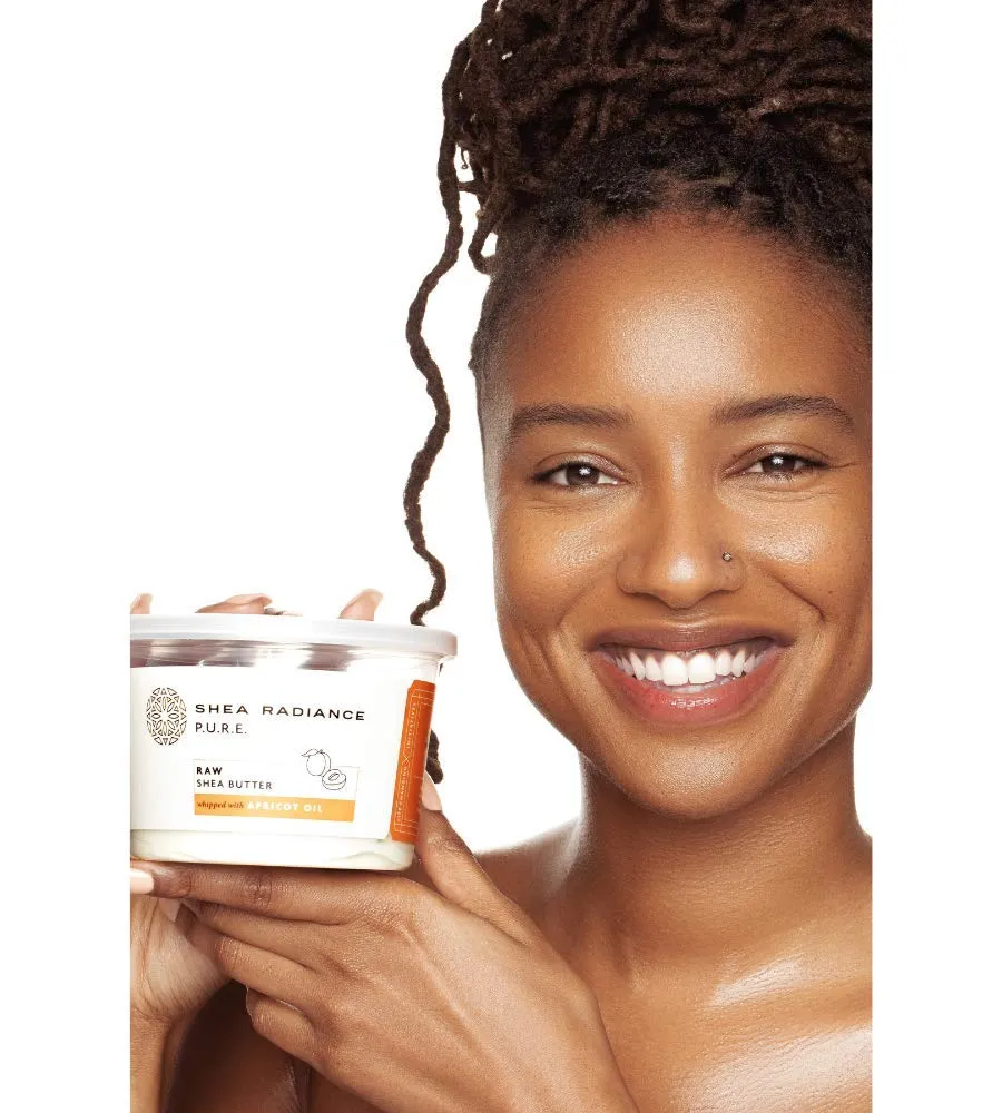 Shea Radiance P.U.R.E Raw Shea Butter | 100% Natural & Unrefined Body Butter | Soothes, Softens, & Increases Collagen | Long Lasting Moisture | Moisturizer for Sensitive Skin | Apricot Oil (9 oz)