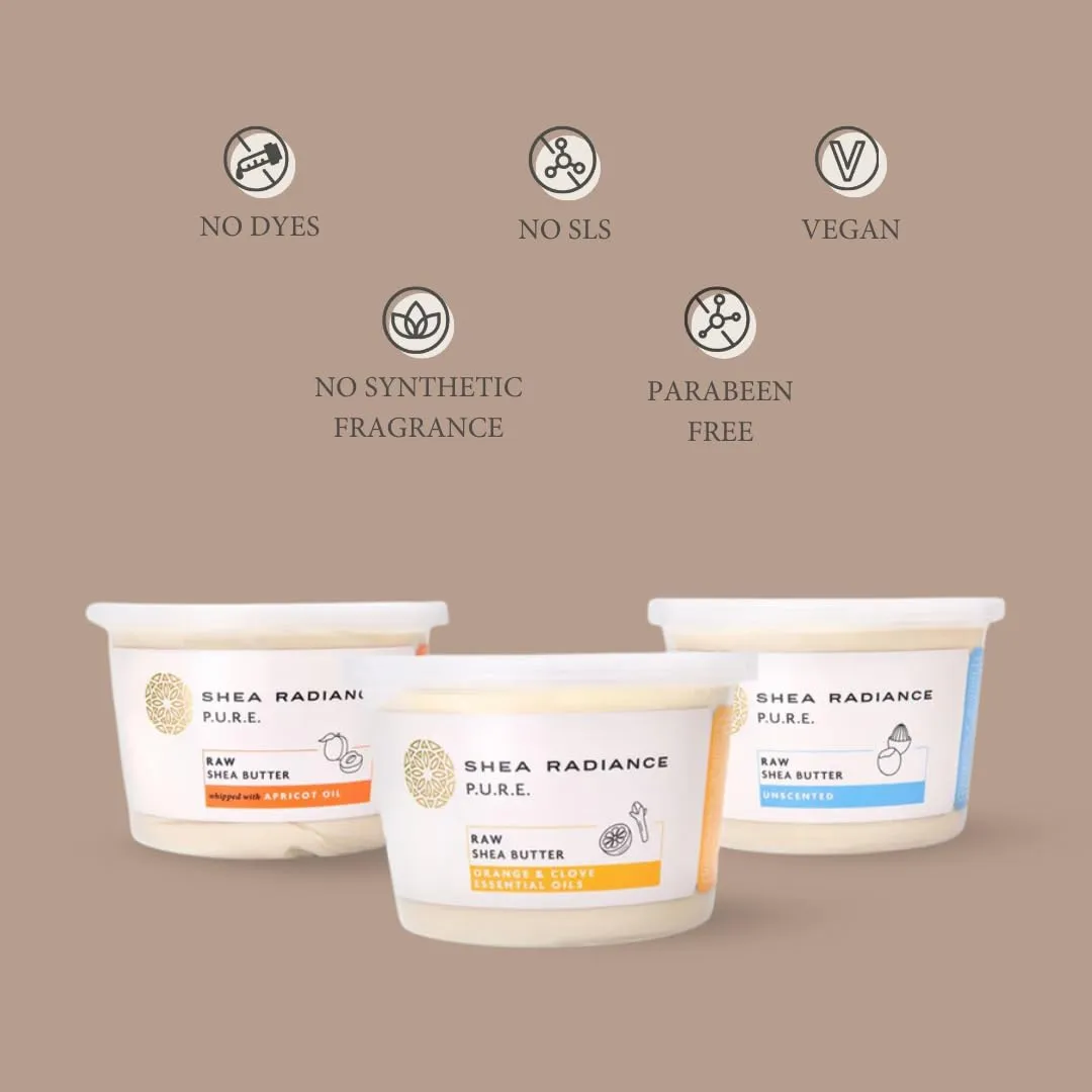 Shea Radiance P.U.R.E Raw Shea Butter | 100% Natural & Unrefined Body Butter | Soothes, Softens, & Increases Collagen | Long Lasting Moisture | Moisturizer for Sensitive Skin | Apricot Oil (9 oz)