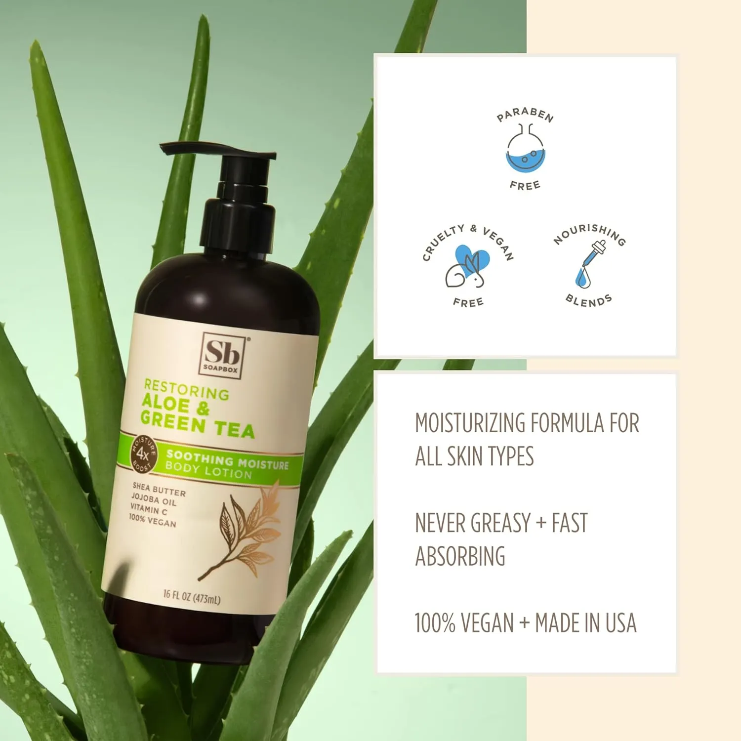 Soapbox Bamboo & Green Tea Moisturizing Body Lotion with Shea Butter & Jojoba Oil | Paraben Free, Cruelty Free, Vegan, Made in the USA (16oz, 3 Pack)