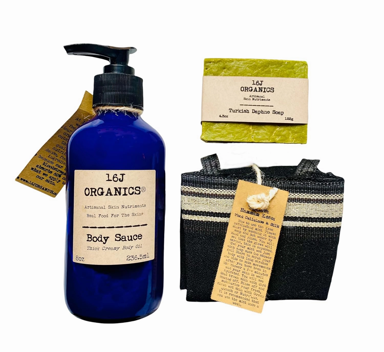 Spa Set - Turkish Bath Hammam Inspired - Organic 100% Natural 8oz Body Sauce, Creamy Body Oil Moisturizer - Traditional Kese Scrub Mitt - Artisan Rustic Daphne (Aleppo/Laurel) Soap