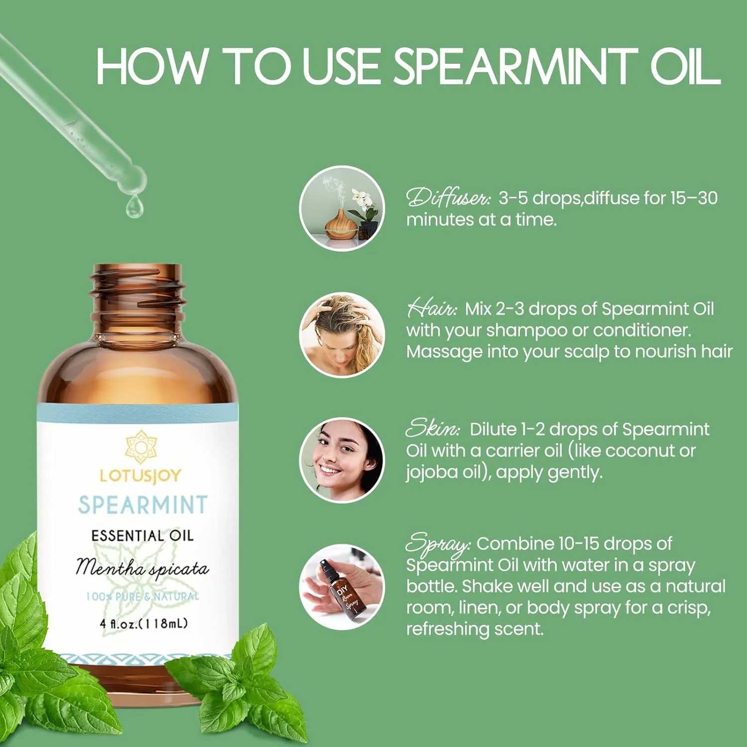 Spearmint Oil for Facial Hair Skin Roll On Diffuser Spray - Pure Organic Therapeutic Grade Spearmint Essential Oil 4 Oz