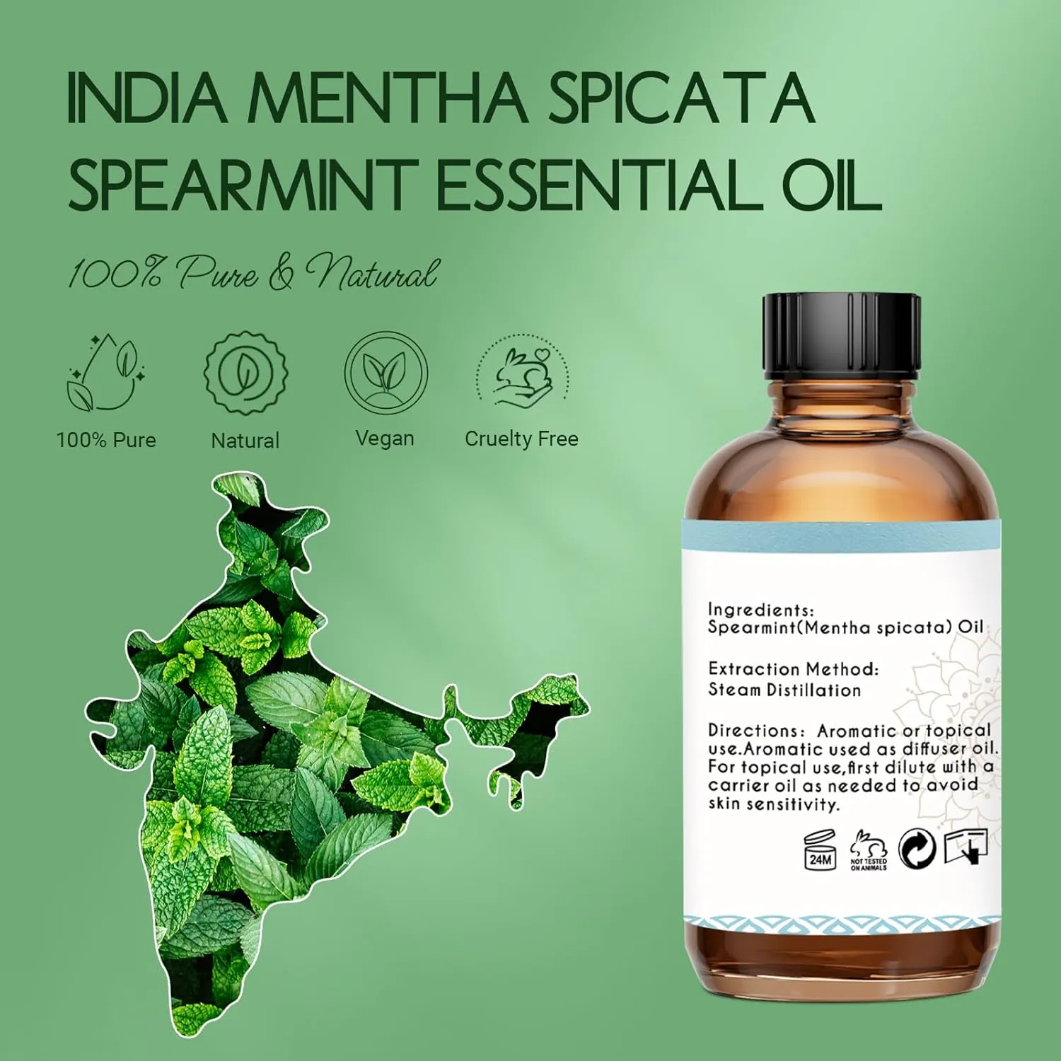 Spearmint Oil for Facial Hair Skin Roll On Diffuser Spray - Pure Organic Therapeutic Grade Spearmint Essential Oil 4 Oz