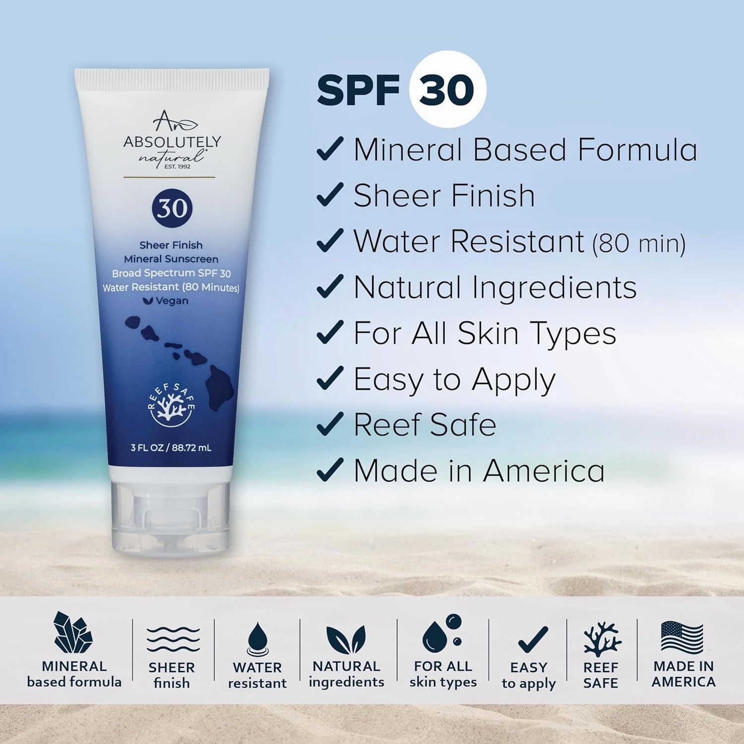SPF 30 Mineral Sunscreen - Broad Spectrum Water Resistant Moisturizer Lotion For Body & Face - With Non-Nano Zinc Oxide, Vitamin E, & Antioxidants - Made in USA, 3 Oz