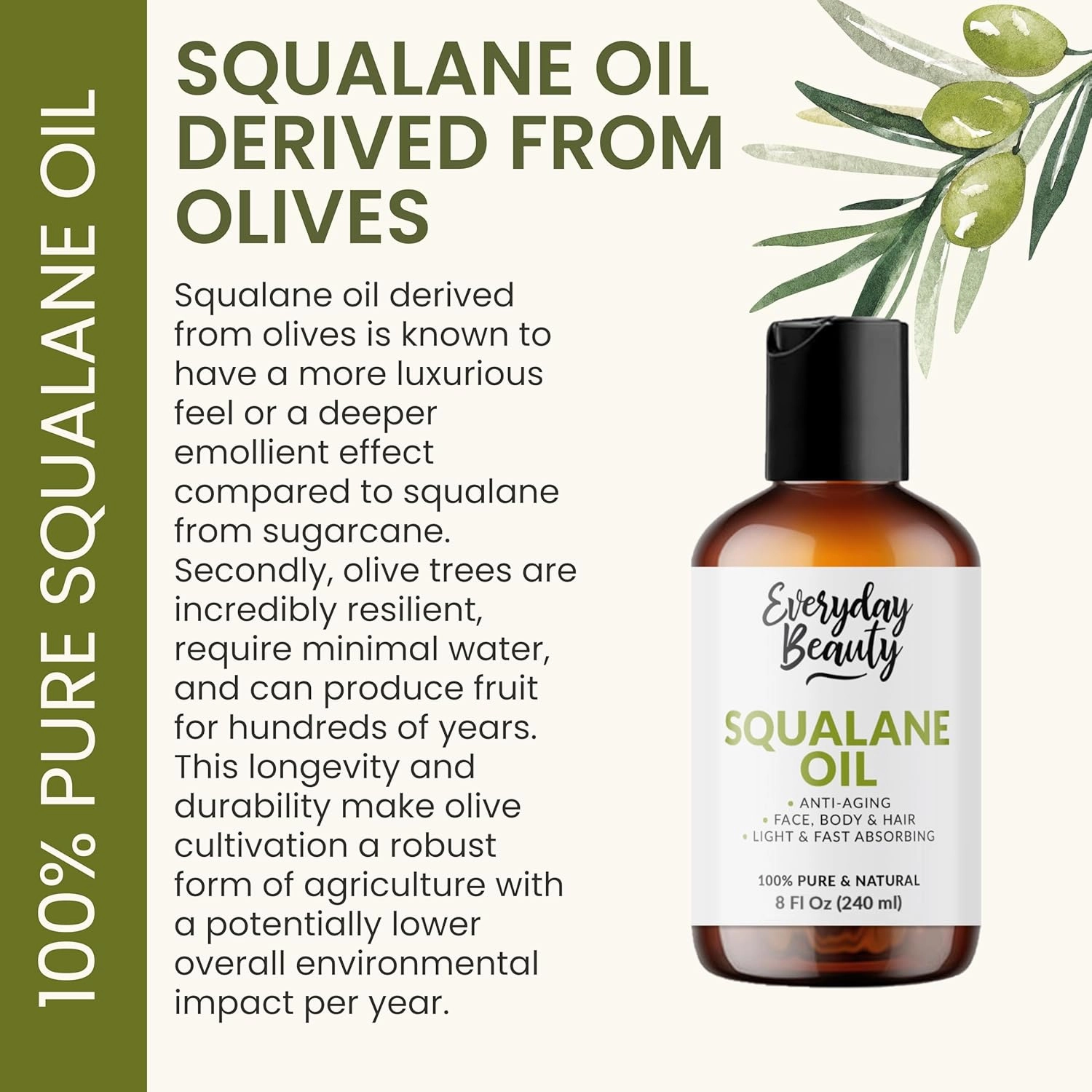 Squalane Oil - 100% Pure & Natural Plant Derived Facial Oil 8oz Bulk - Cold Pressed and Unrefined Premium Grade Multipurpose Moisturizing Oil For Skin and Hair