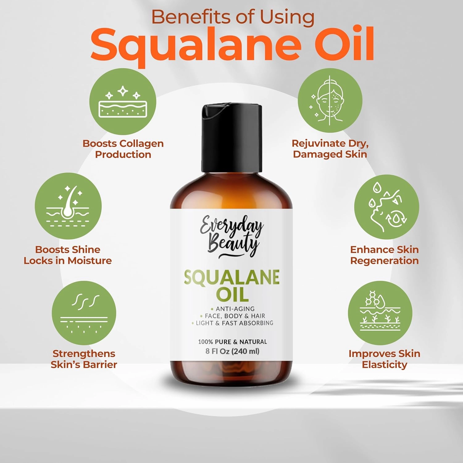 Squalane Oil - 100% Pure & Natural Plant Derived Facial Oil 8oz Bulk - Cold Pressed and Unrefined Premium Grade Multipurpose Moisturizing Oil For Skin and Hair