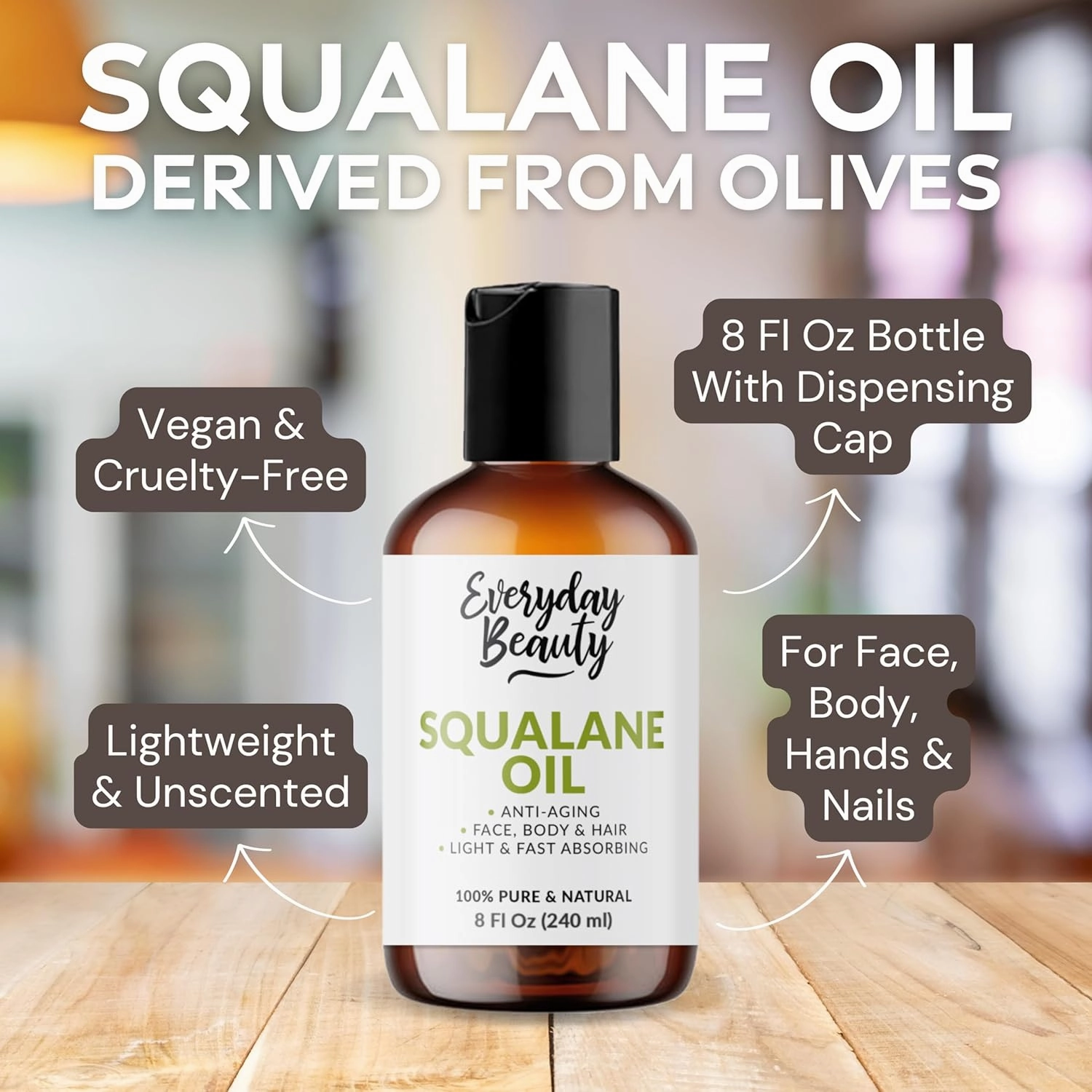 Squalane Oil - 100% Pure & Natural Plant Derived Facial Oil 8oz Bulk - Cold Pressed and Unrefined Premium Grade Multipurpose Moisturizing Oil For Skin and Hair