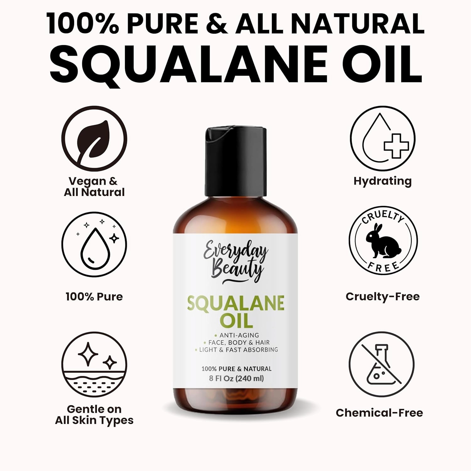 Squalane Oil - 100% Pure & Natural Plant Derived Facial Oil 8oz Bulk - Cold Pressed and Unrefined Premium Grade Multipurpose Moisturizing Oil For Skin and Hair