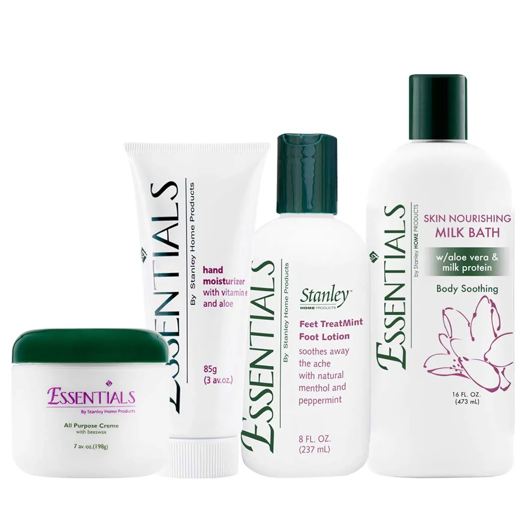 Stanley Home Products Essentials Skin Care Kit - Complete Skincare Set with All-Purpose Cream, Nourishing Milk Bath, Feet TreatMint Foot Lotion and Hand Moisturizer Cream - For Spa & Home