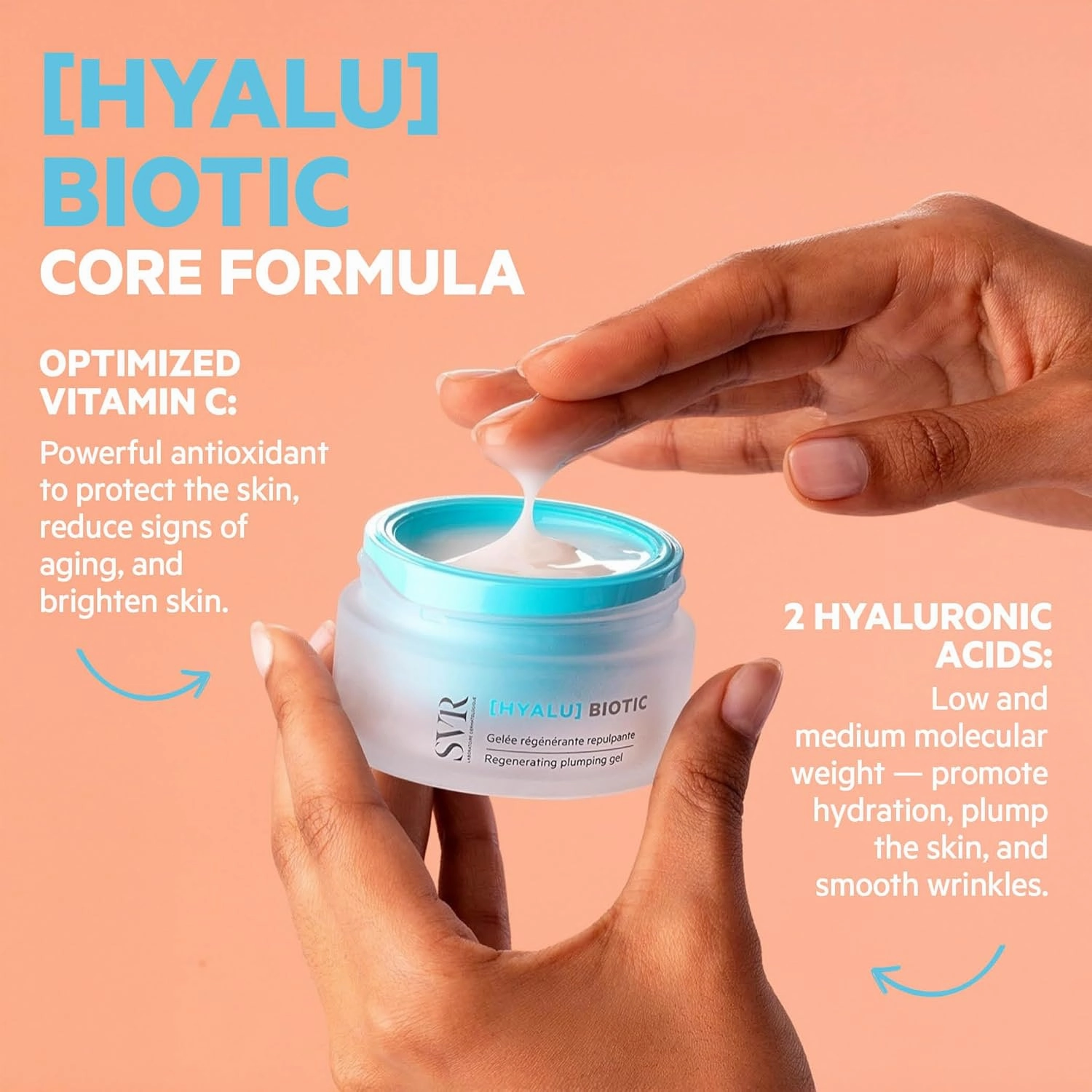 SVR HYALU Biotic Regenerating Plumping Gel. Intensive Moisturizer Face Gel with Hyaluronic Acid, Probiotics & Vitamin C, Anti-Wrinkle Face Cream & Eye Contour Care Day Cream