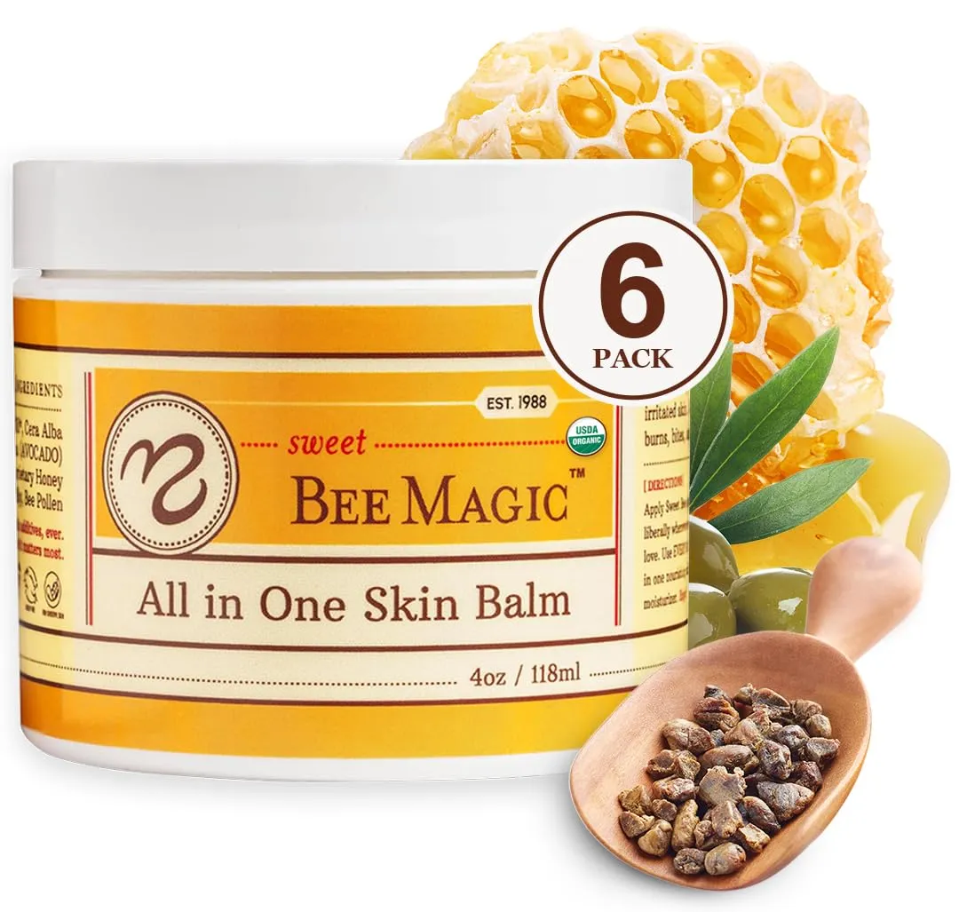 Sweet Bee Naturals - Organic Certified All-in-One Balm & Ointment for Face & Body, Multipurpose Moisturizer for Dryness, & Irritation, Bee Magic Skin Care Essentials - 6 Jars (4oz Each, 24oz Total)