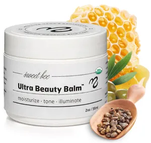 Sweet Bee Naturals Ultra Beauty Balm - Certified Organic Non-Petroleum Jelly Moisturizer Cream with Honey & Beeswax - Illuminate Skin for Face & Neck - Natural Balm for Dry & Sensitive Skin - 2 oz