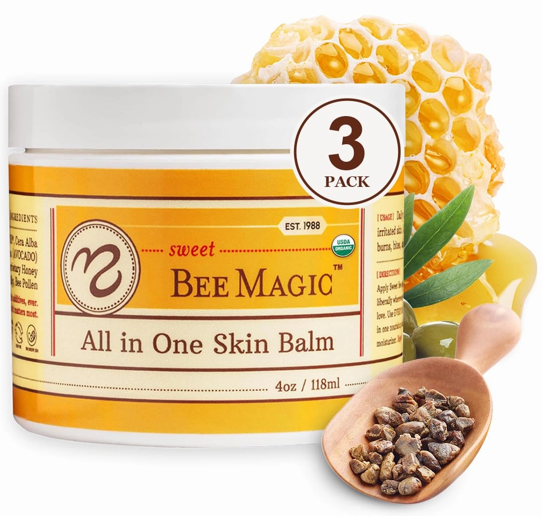 Sweet Bee Naturals - Organic Certified All-in-One Balm & Ointment for Face & Body, Multipurpose Moisturizer for Dryness, & Irritation, Bee Magic Skin Care Essentials - 3 Jars (4oz Each, 12oz Total)