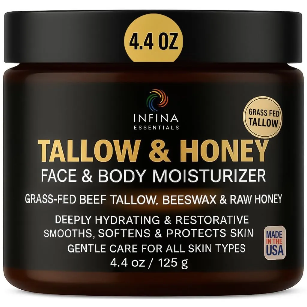 Tallow Face Moisturizer & Body Cream – Daily Moisturizer with Grass-Fed Beef Tallow, Raw Honey, Shea Butter – Hydrating Cream for Dry Skin, Hands, Feet 4.4 oz
