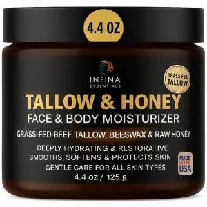 Tallow Face Moisturizer & Body Cream – Daily Moisturizer with Grass-Fed Beef Tallow, Raw Honey, Shea Butter – Hydrating Cream for Dry Skin, Hands, Feet 4.4 oz