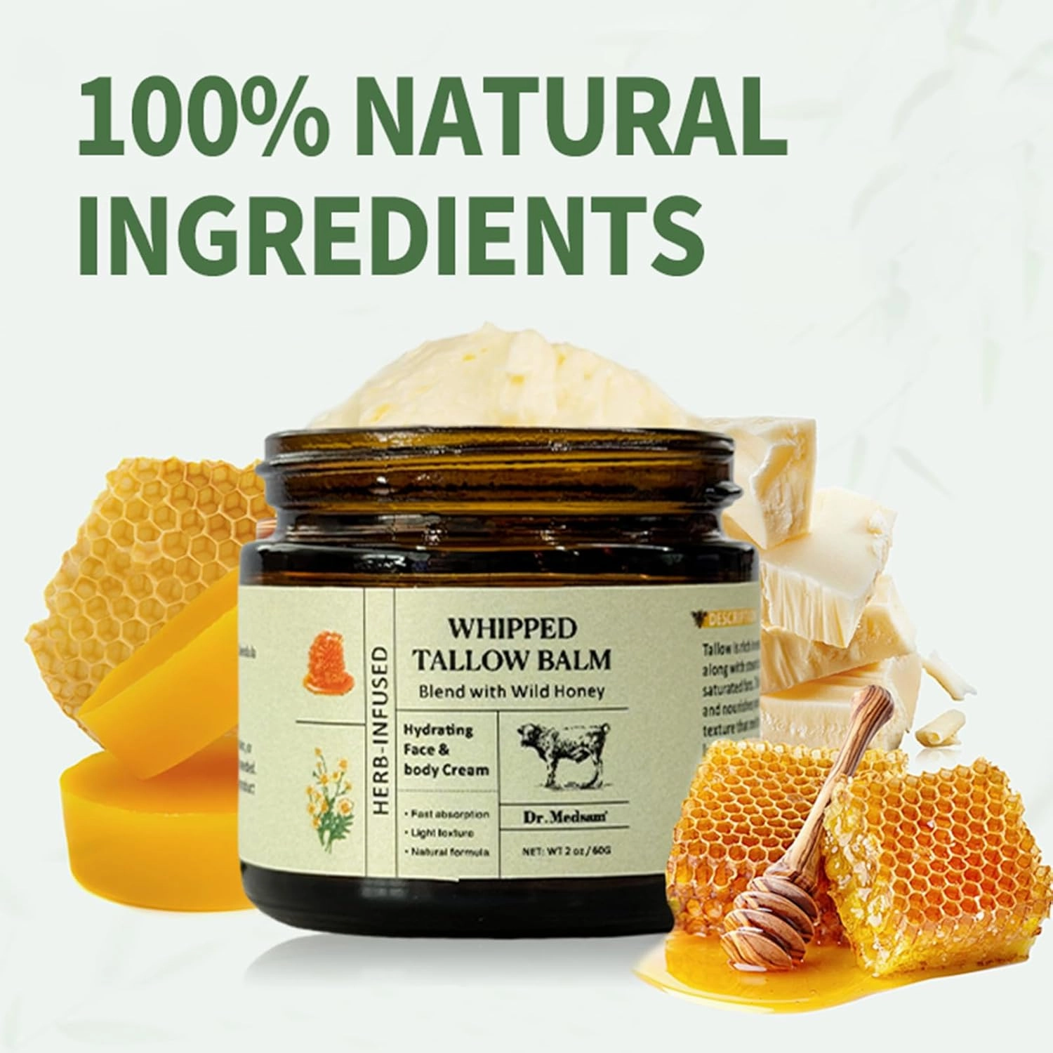 Tallow and Honey Balm for Face, Grass Fed Beef Tallow and Honey Balm Skin Moisturizer, Natural Formula for Dry & Sensitive Skin (1)