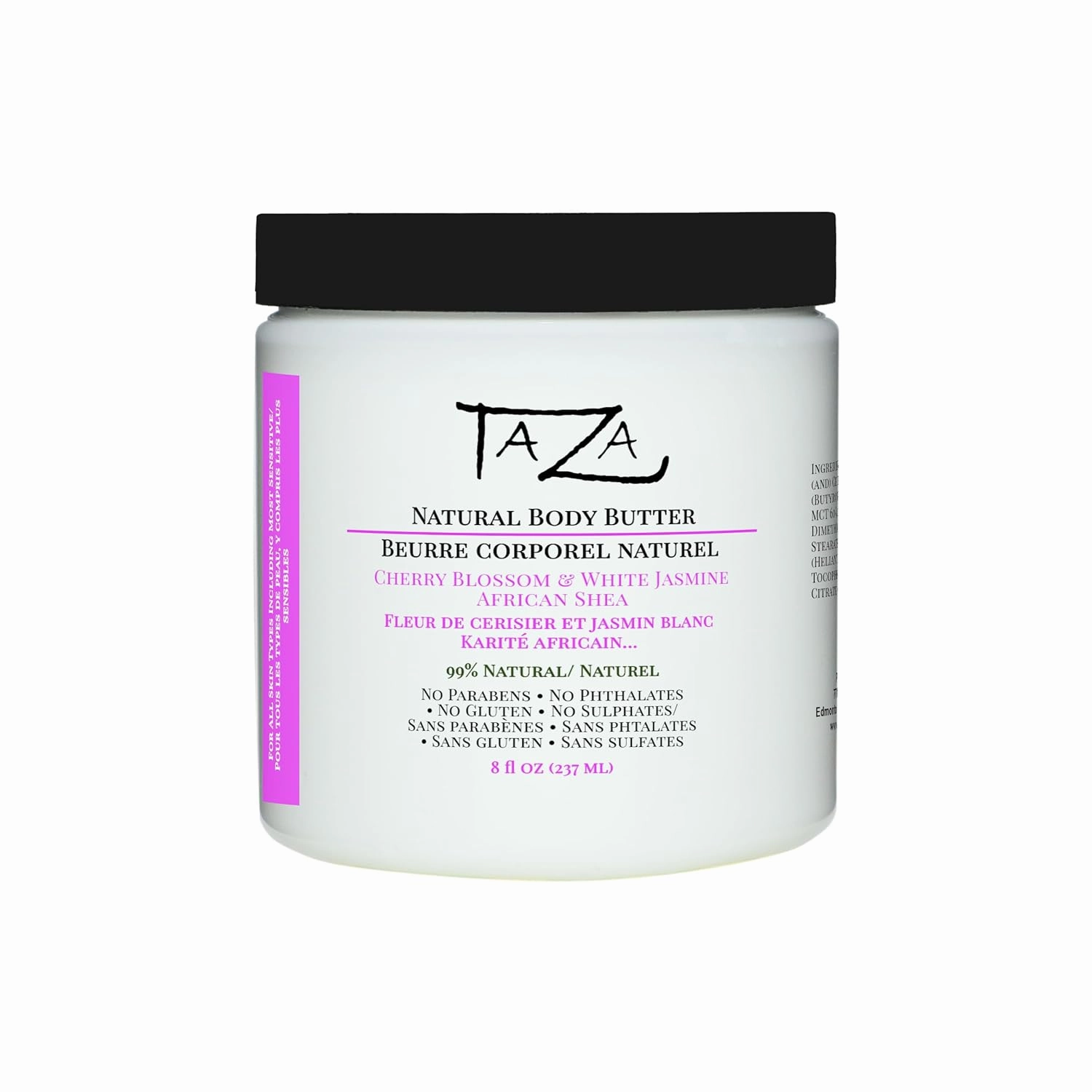 Taza Premium Natural Cherry Blossom & White Jasmine Body Butter, 8 fl oz (237 ml) Plant Based Ingredients Contains: African Shea Butter, Beeswax, Coconut Oil, Jojoba Oil, Sunflower Oil, Vitamin E