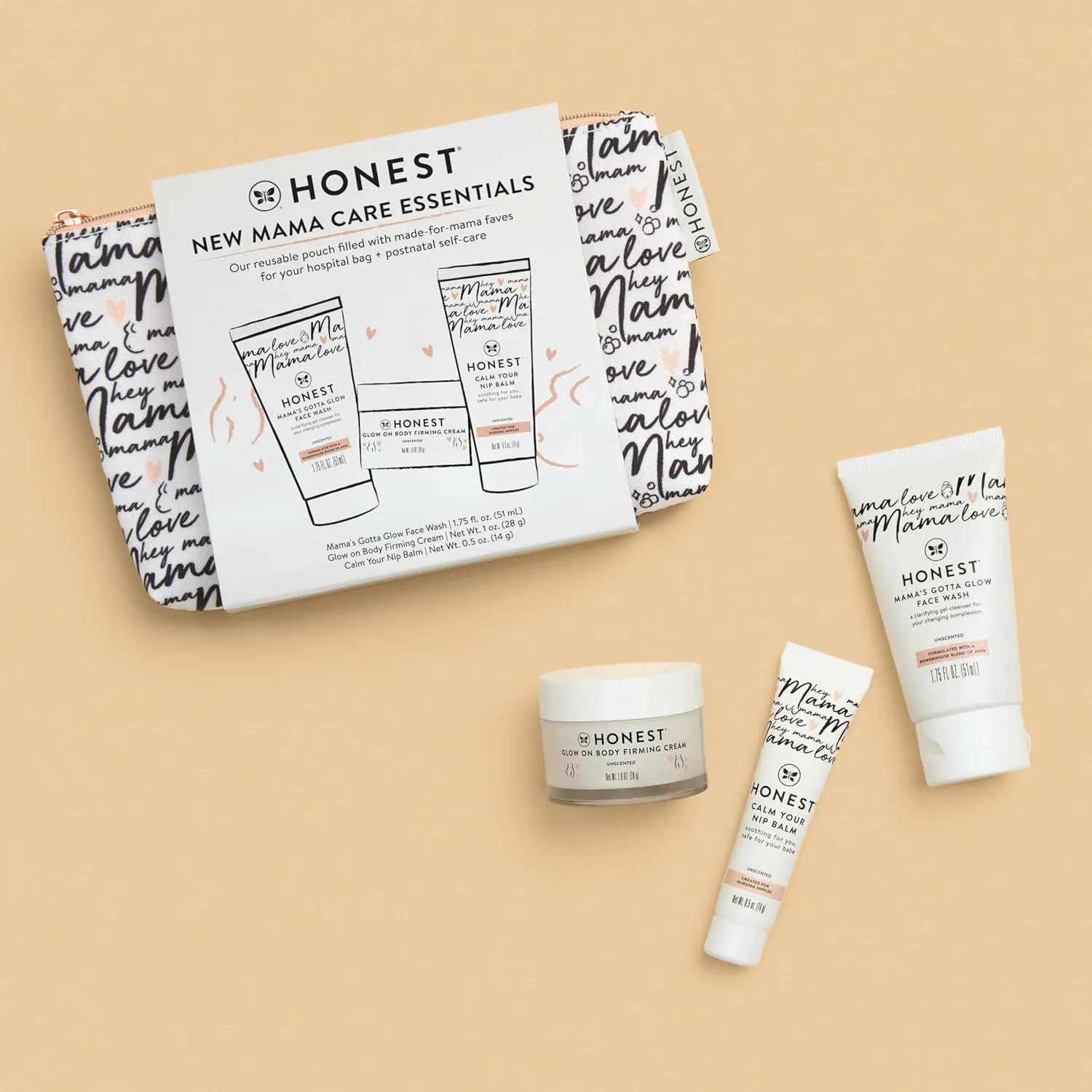 The Honest Company New Mama Care Essentials Gift Set | Hospital Bag Must Haves | Travel Size Nip Balm (0.5 oz), Glow On Body Cream (1 oz), Gotta Glow Face Wash (1.75 fl oz), Reusable Pouch