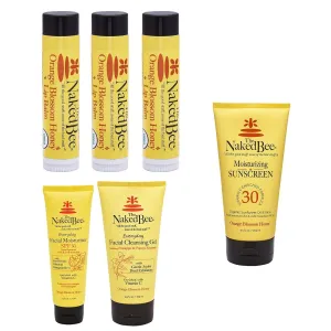 The Naked Bee Orange Blossom Honey Everyday Facial Care, Exfoliating Facial Cleansing Gel 5.5oz and Anti-Wrinkle Facial Moisturizer   Vitamin C Face & Body Moisturizing Sunscreen SPF 30   Lip Balm