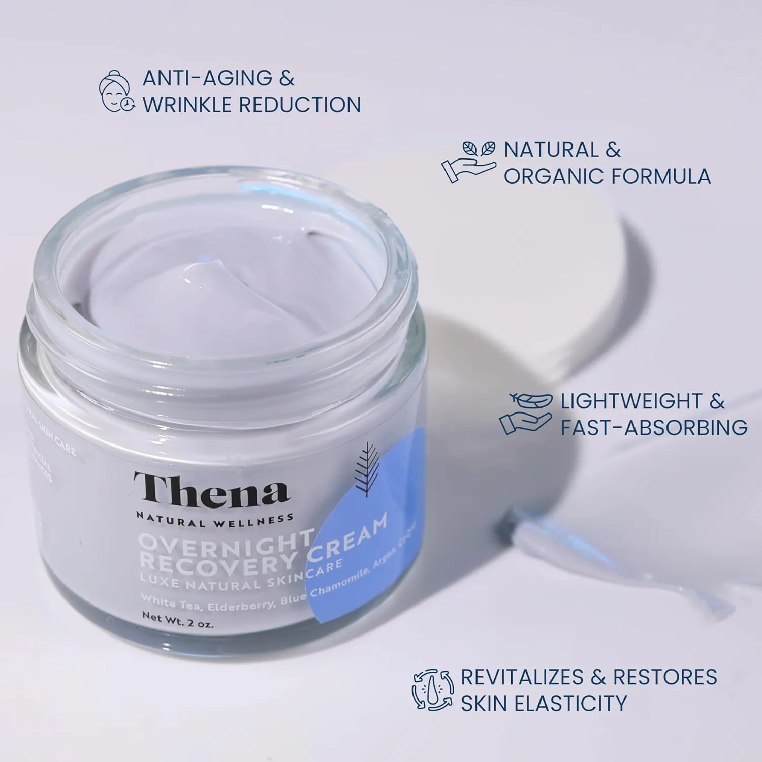 THENA Overnight Recovery Cream Anti Aging Night Cream Natural & Organic Skin Care With Regenerating Collagen Night Face Moisturizer For Women & Men