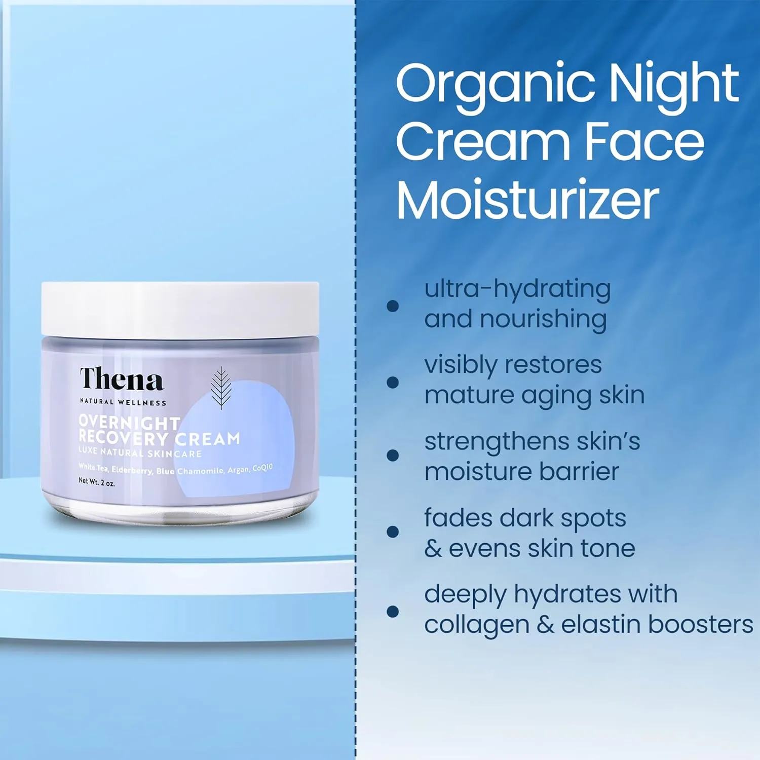 THENA Overnight Recovery Cream Anti Aging Night Cream Natural & Organic Skin Care With Regenerating Collagen Night Face Moisturizer For Women & Men