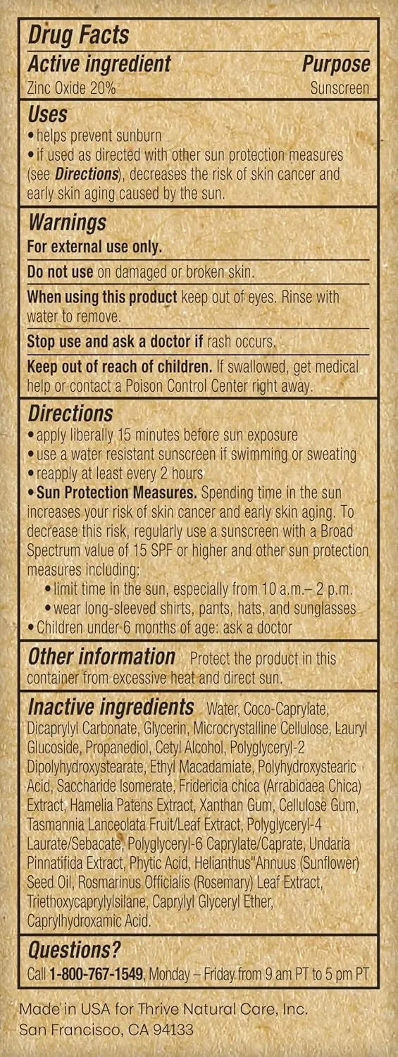 Thrive Natural Care Mineral Face Sunscreen for Sensitive Skin SPF 30, 2 Ounces - Moisturizing Unscented Sunscreen for Face - Broad Spectrum with Clear Zinc Oxide - Vegan