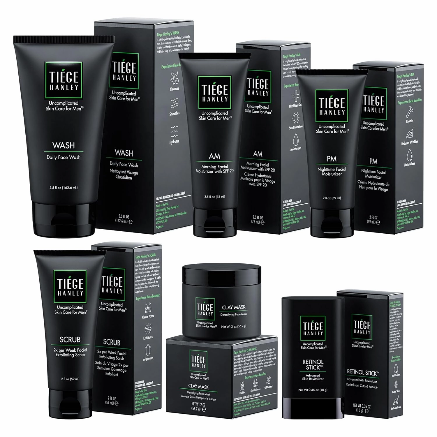 Tiege Hanley 90-Day Large Anti-Aging Skin Care Routine for Men - Includes Face Wash, Scrub, Moisturizers, Clay Mask, & Retinol Stick