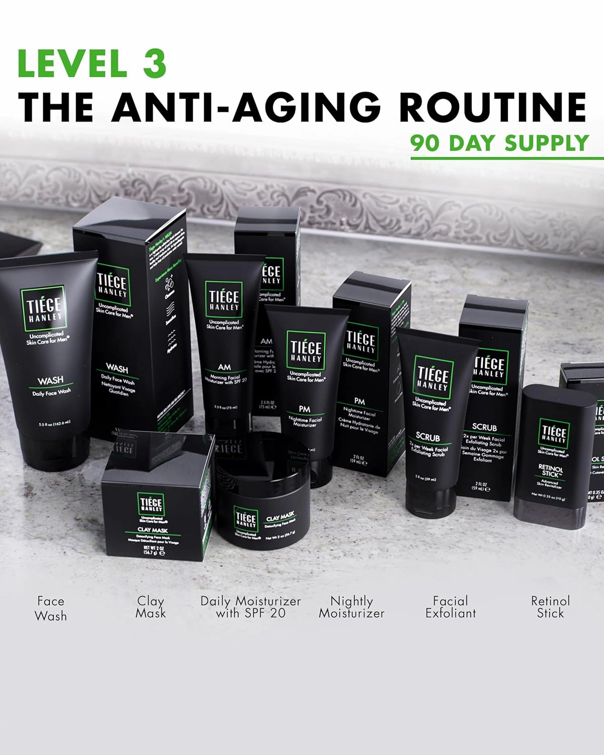 Tiege Hanley 90-Day Large Anti-Aging Skin Care Routine for Men - Includes Face Wash, Scrub, Moisturizers, Clay Mask, & Retinol Stick