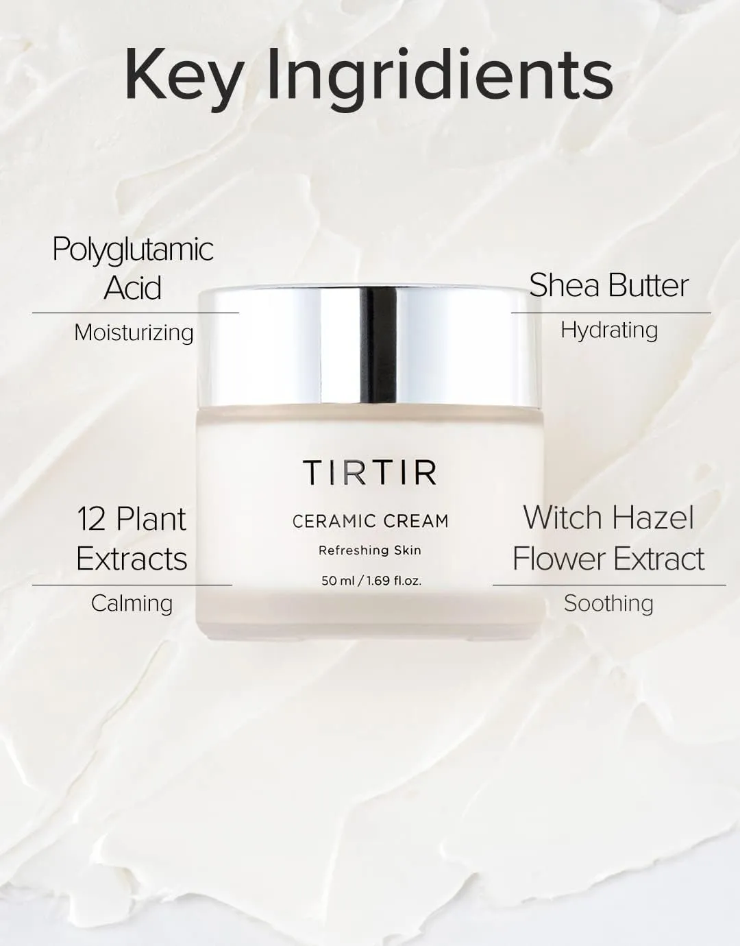 TIRTIR Natural Ceramide Cream | Deep moisturizer for Glass Skin, Polyglutamic acid, Centella Asiatica Extract, Skin barrier, Lightweight, Mild, Nature derived ingredients, Dry skin, Korean skincare