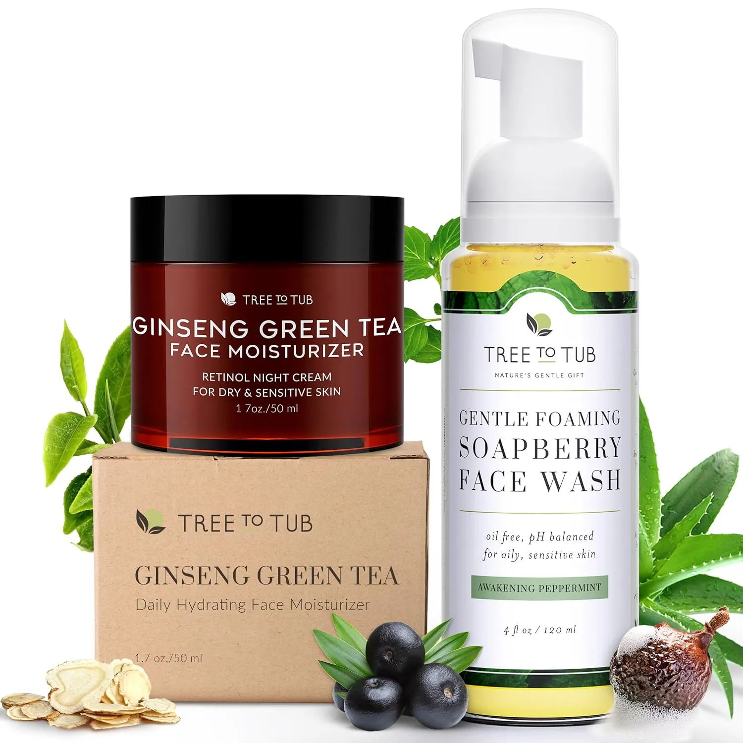 Tree to Tub Retinol Anti Aging Face Moisturizer for Dry Sensitive Skin Face Wash for Oily Combination Skin Anti Wrinkle Hyaluronic Acid Facial Moisturizer Gentle Tea Tree Face Cleanser for Women Men
