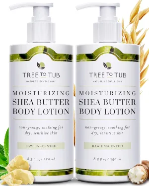 Tree to Tub Unscented Shea Butter Body Lotion for Dry Skin - Fragrance Free Sensitive Skin Lotion for Women & Men, Vegan Body Moisturizer w/Organic Aloe Vera, Cocoa Butter, Natural Colloidal Oatmeal