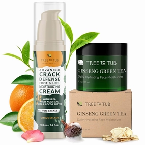 Tree to Tub Foot & Heel Cream, Ginseng Green Tea Face Moisturizer Bundle – Daily Hydration for Dry, Rough Skin and Sensitive Complexions with Urea, Hyaluronic Acid, Green Tea & Shea Butter