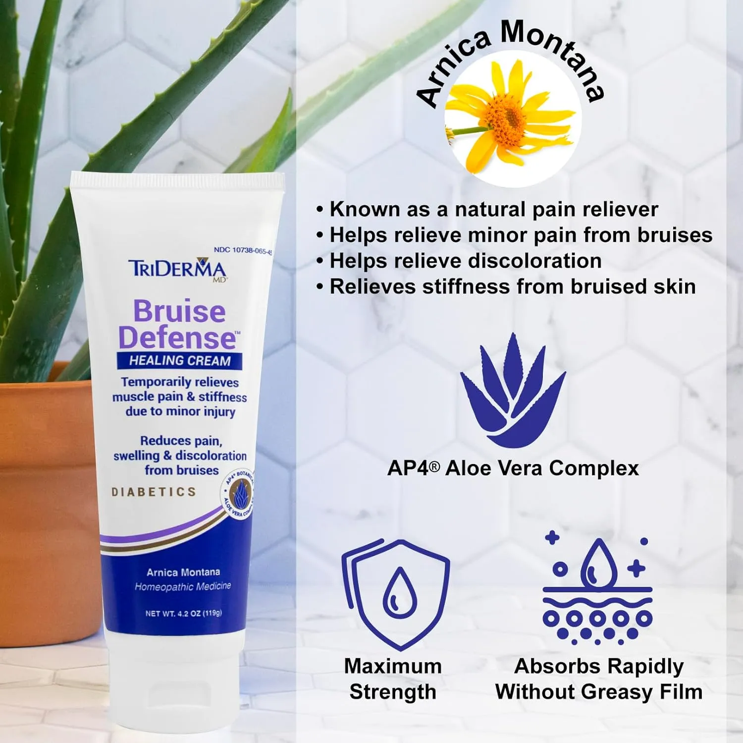 TriDerma Bruise Defense Healing Cream for Those Who Bruise Easily, Rids Discoloration and Bruising with Arnica, AP4 Aloe Vera and MSM, 4.2 oz