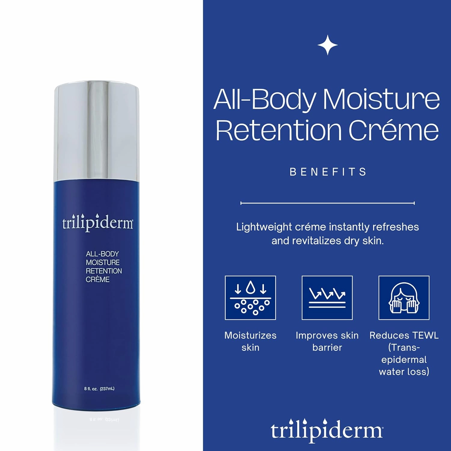 Trilipiderm All-Body Moisture Retention Crème – Plant-Based All-Day Lightweight Hydration for Body and Face, Meadowfoam, Lipid Replacement, 8 Ounce Airless Pump Bottle