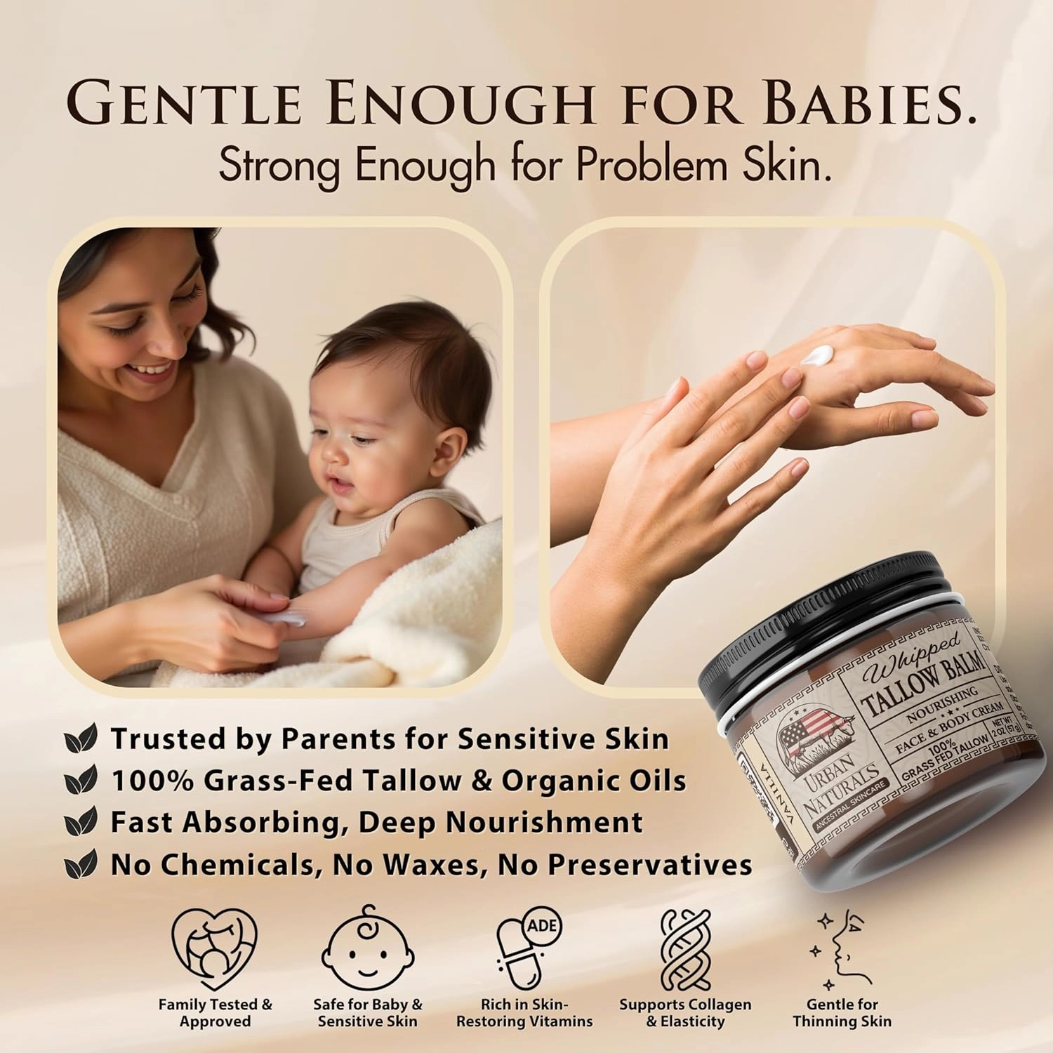 Urban Naturals Handmade Whipped Tallow Balm (Vanilla) - 100% Grass-fed Organic Body Butter with Infused Jojoba Oil, for Eczema, Rosacea, Baby - 2 oz