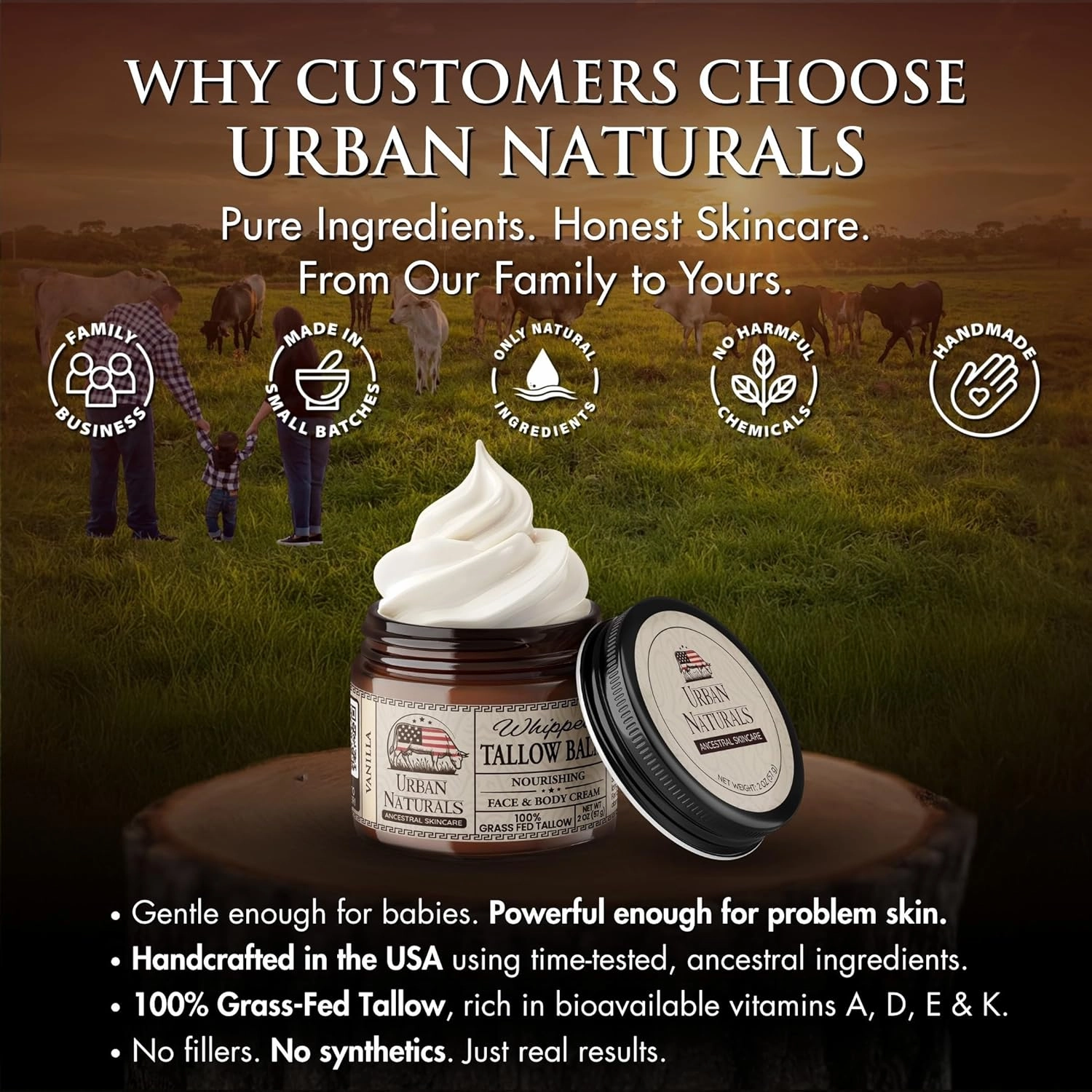Urban Naturals Handmade Whipped Tallow Balm (Vanilla) - 100% Grass-fed Organic Body Butter with Infused Jojoba Oil, for Eczema, Rosacea, Baby - 2 oz